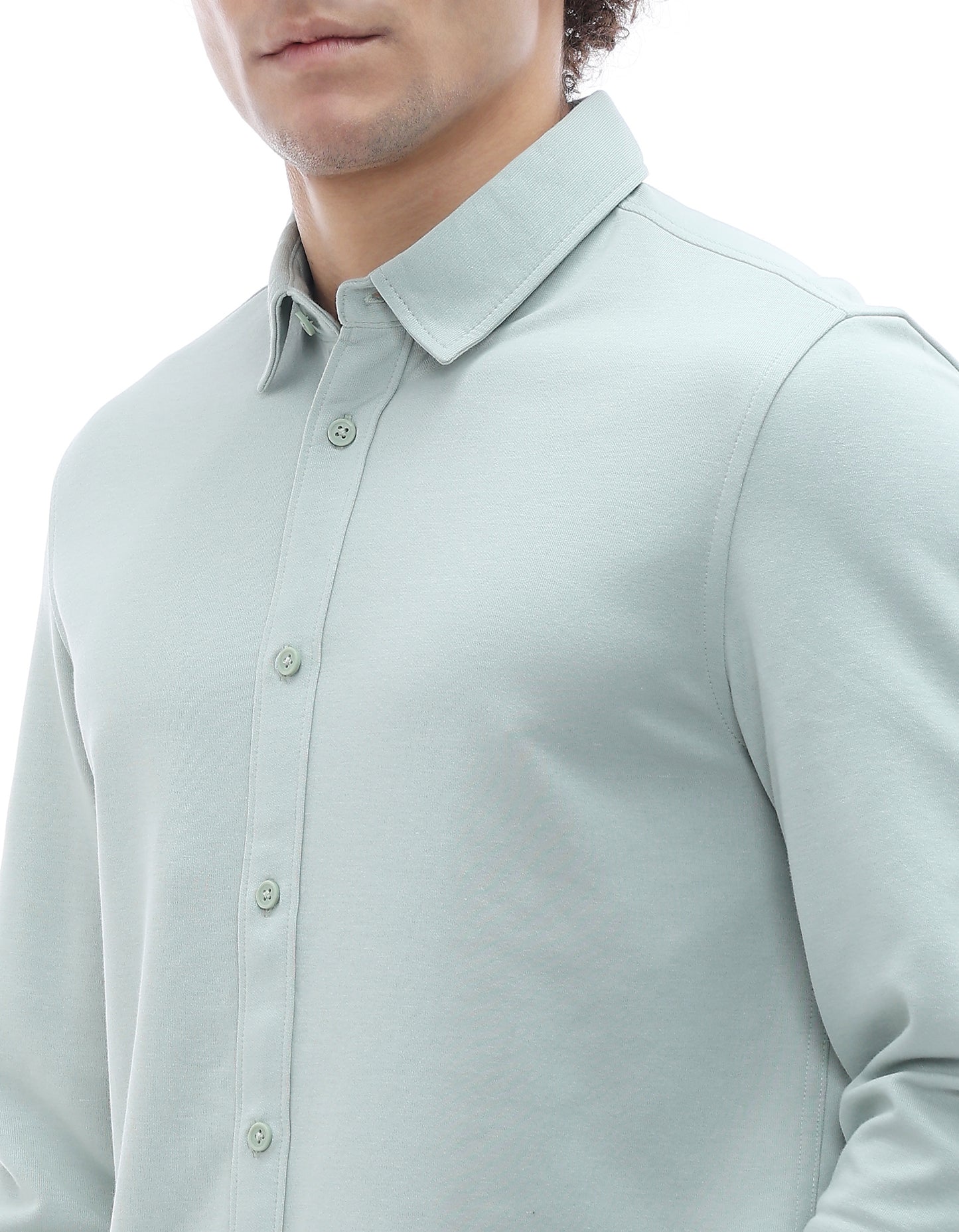 Regular Fit Cotton Blend Spread Collar Shirt - Green