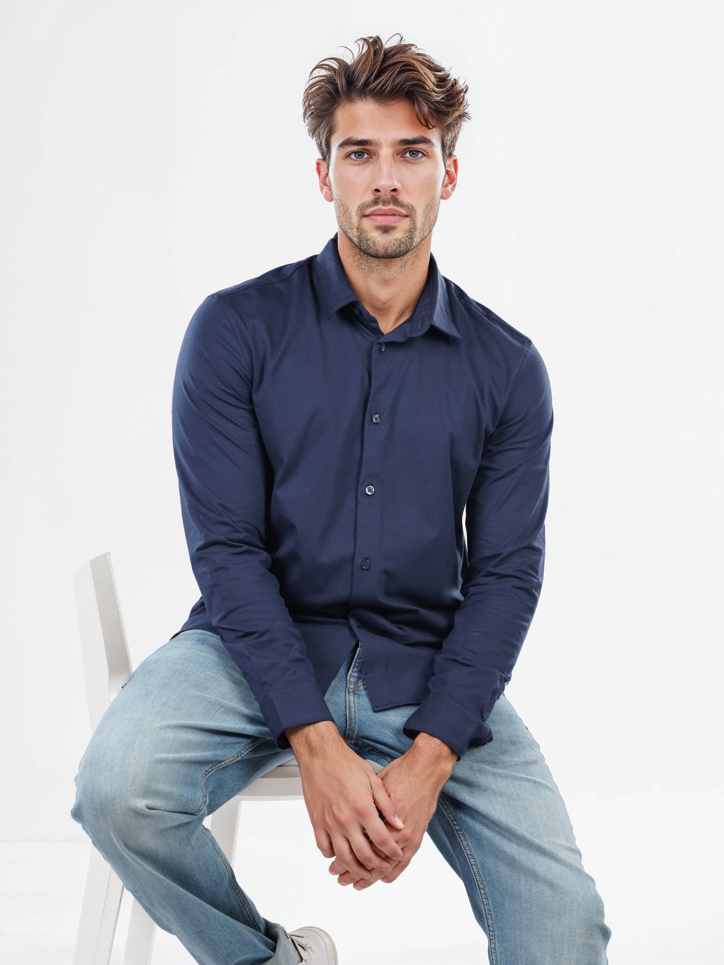 Celio* Solid Regular Fit Cotton-Blend Navy Blue Shirts