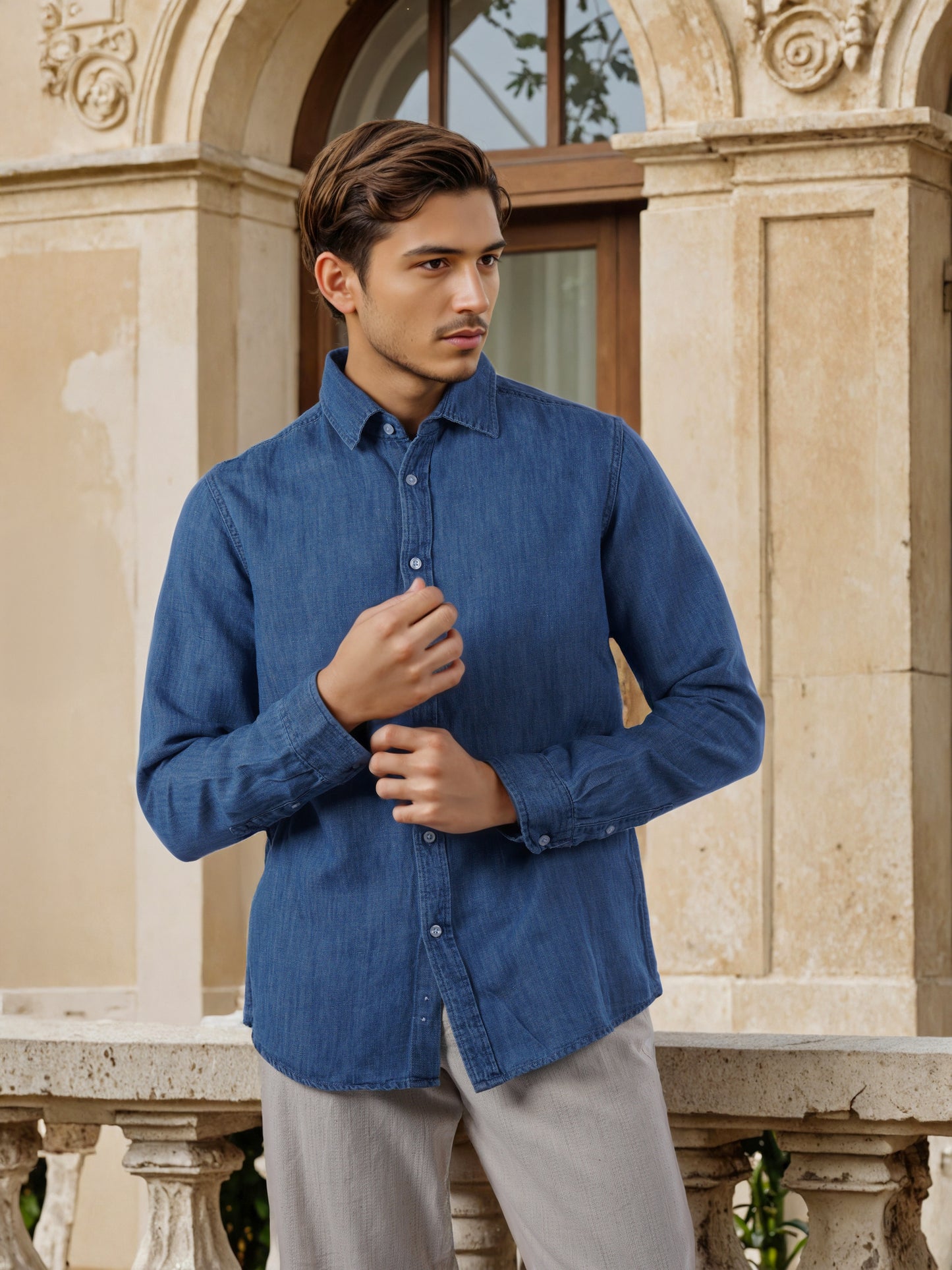 Celio* Men Blue Solid Regular Fit Cotton-Linen-Blend Shirts