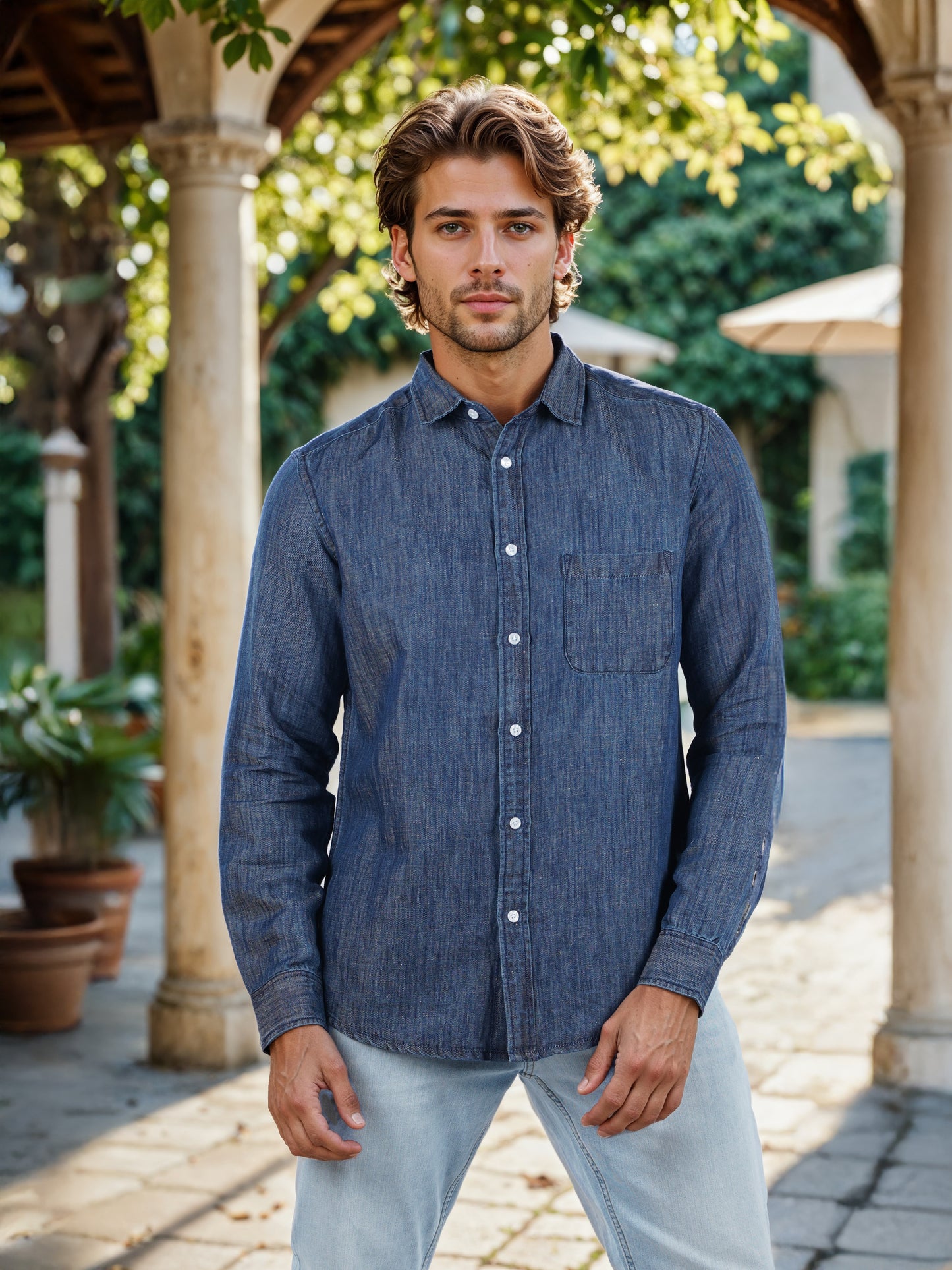 Celio* Solid Regular Fit Cotton-Blend Blue Shirt