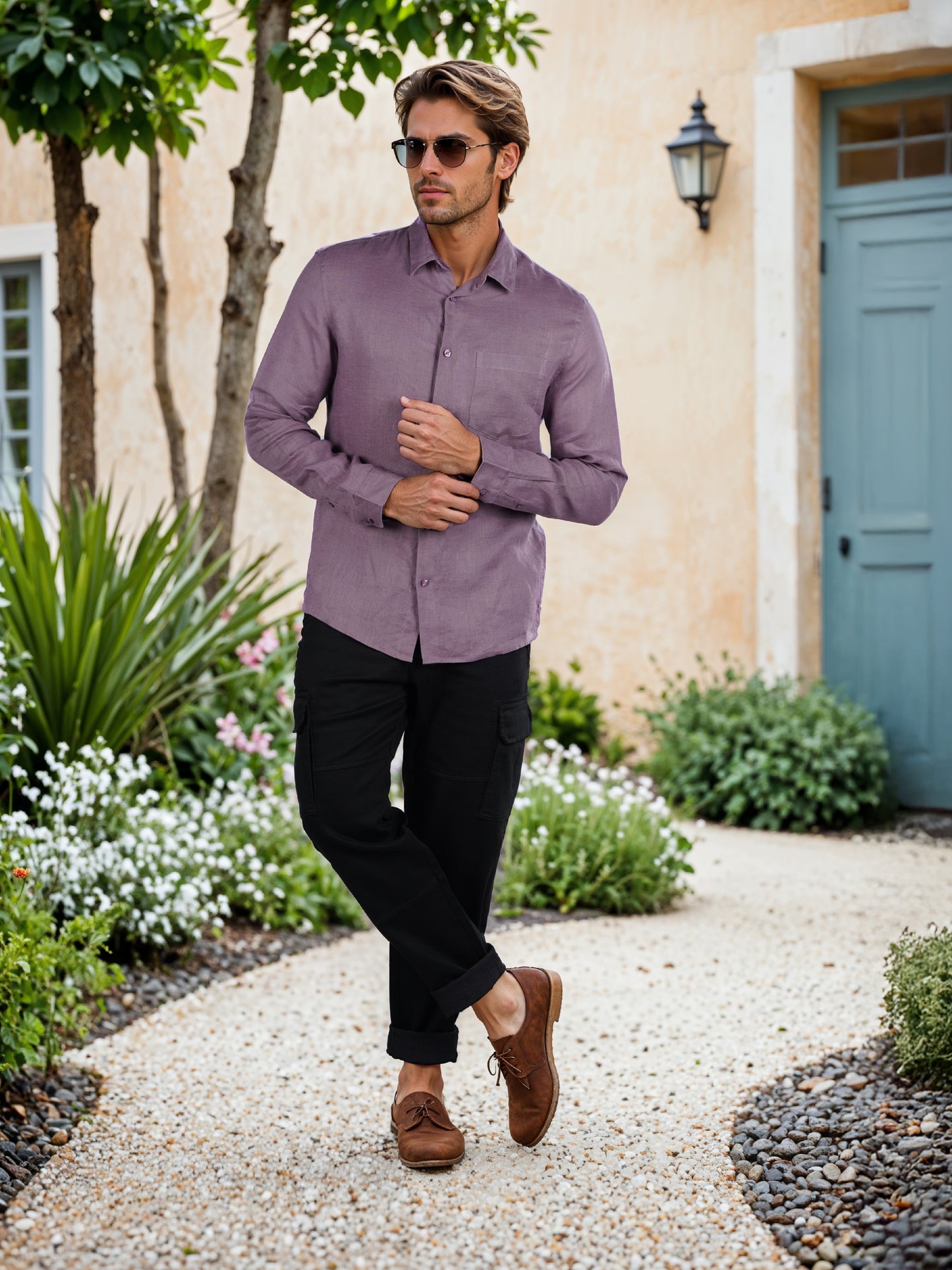 Celio* Solid Regular Fit Linen Purple Shirt