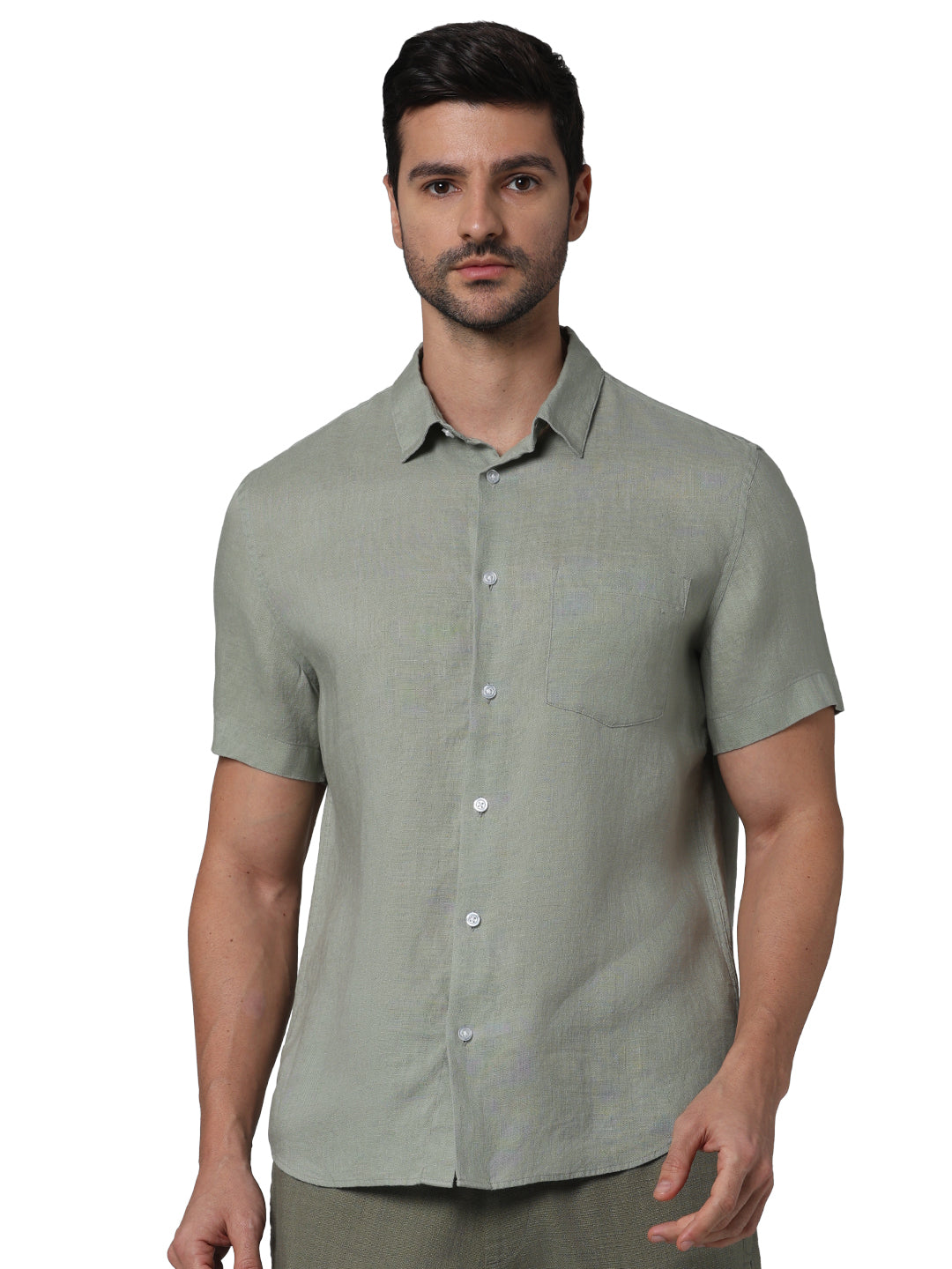Celio* Solid Regular Fit Linen Green Shirt