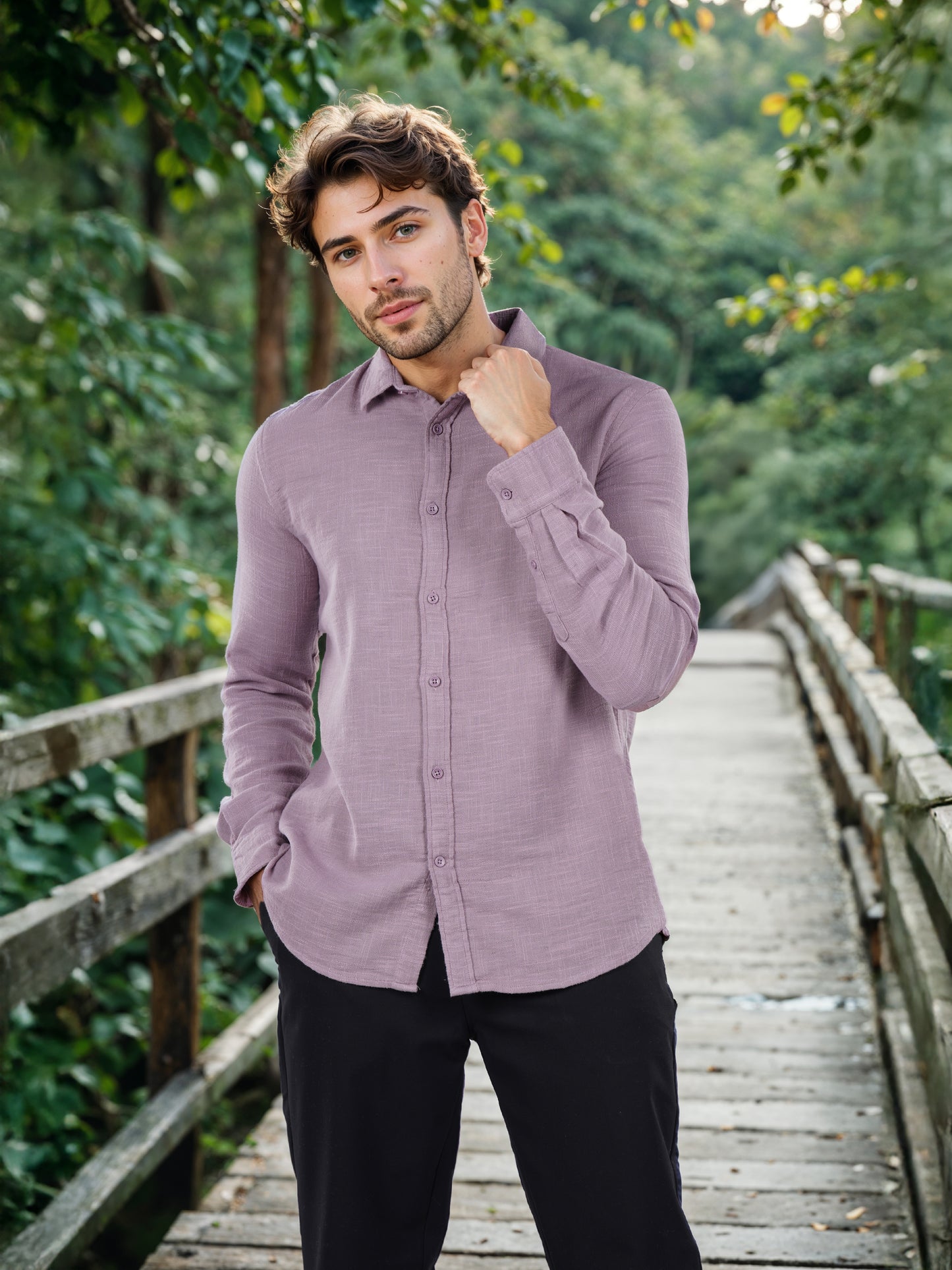 Celio* Solid Regular Fit Cotton Purple Shirt