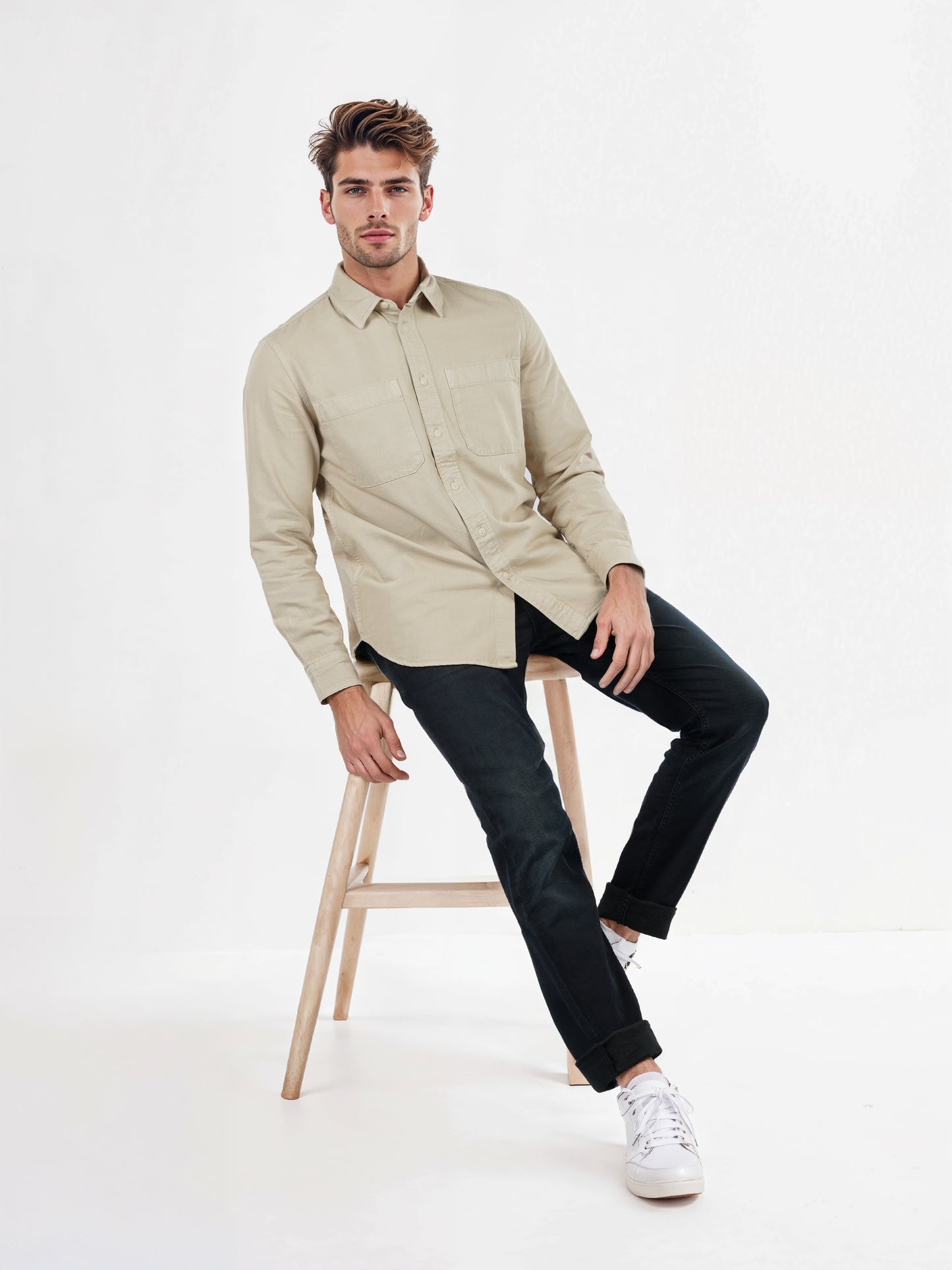 Celio* Solid Overshirt Cotton Beige Shirts