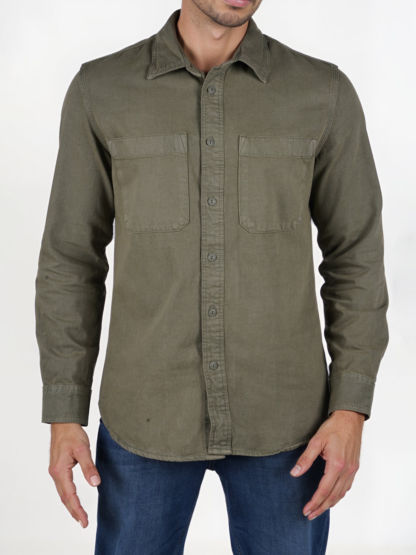 Celio* Solid Oversized Cotton-Blend Olive Shirt
