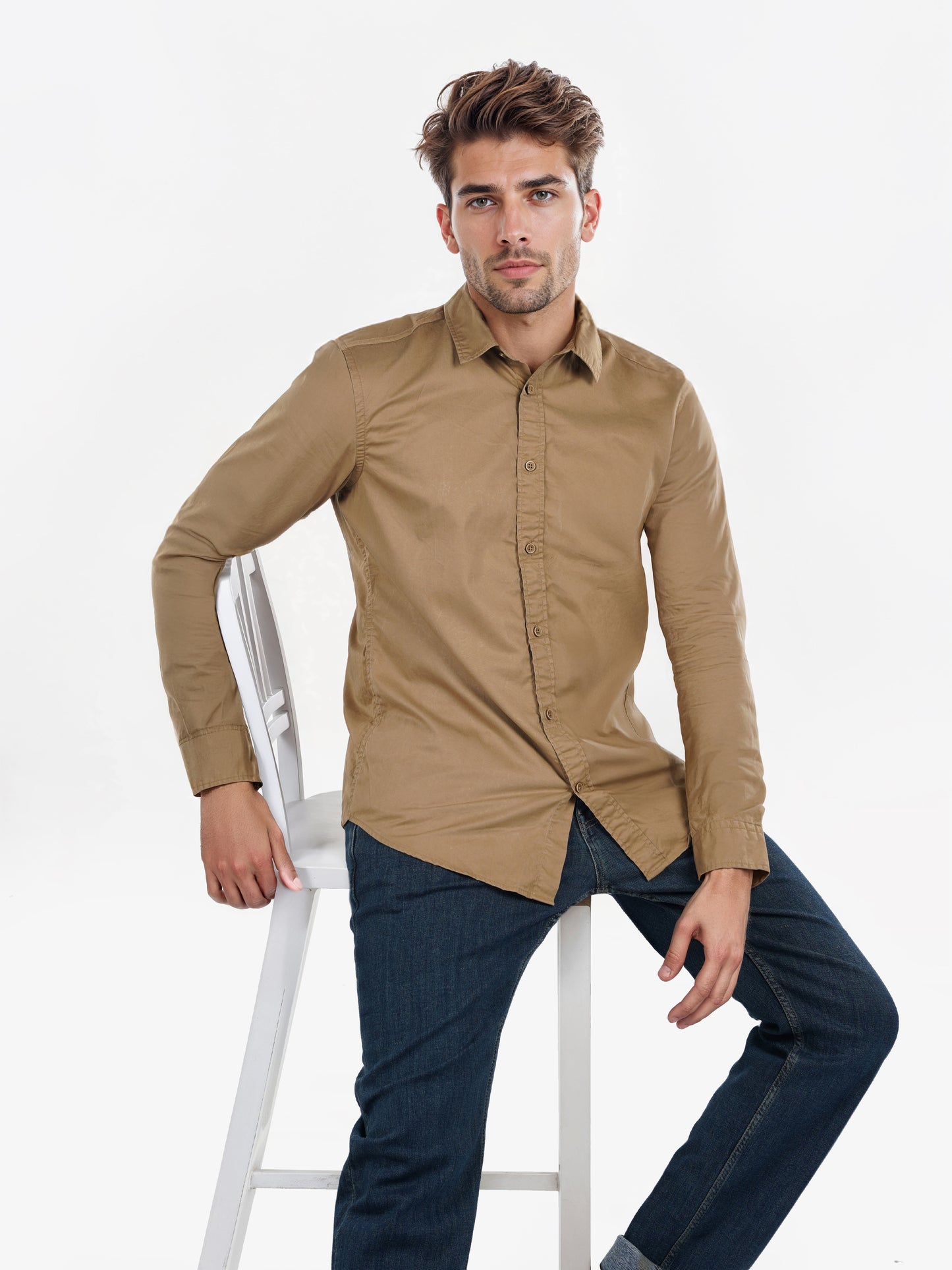 Celio* Solid Regular Fit Cotton Beige Shirt