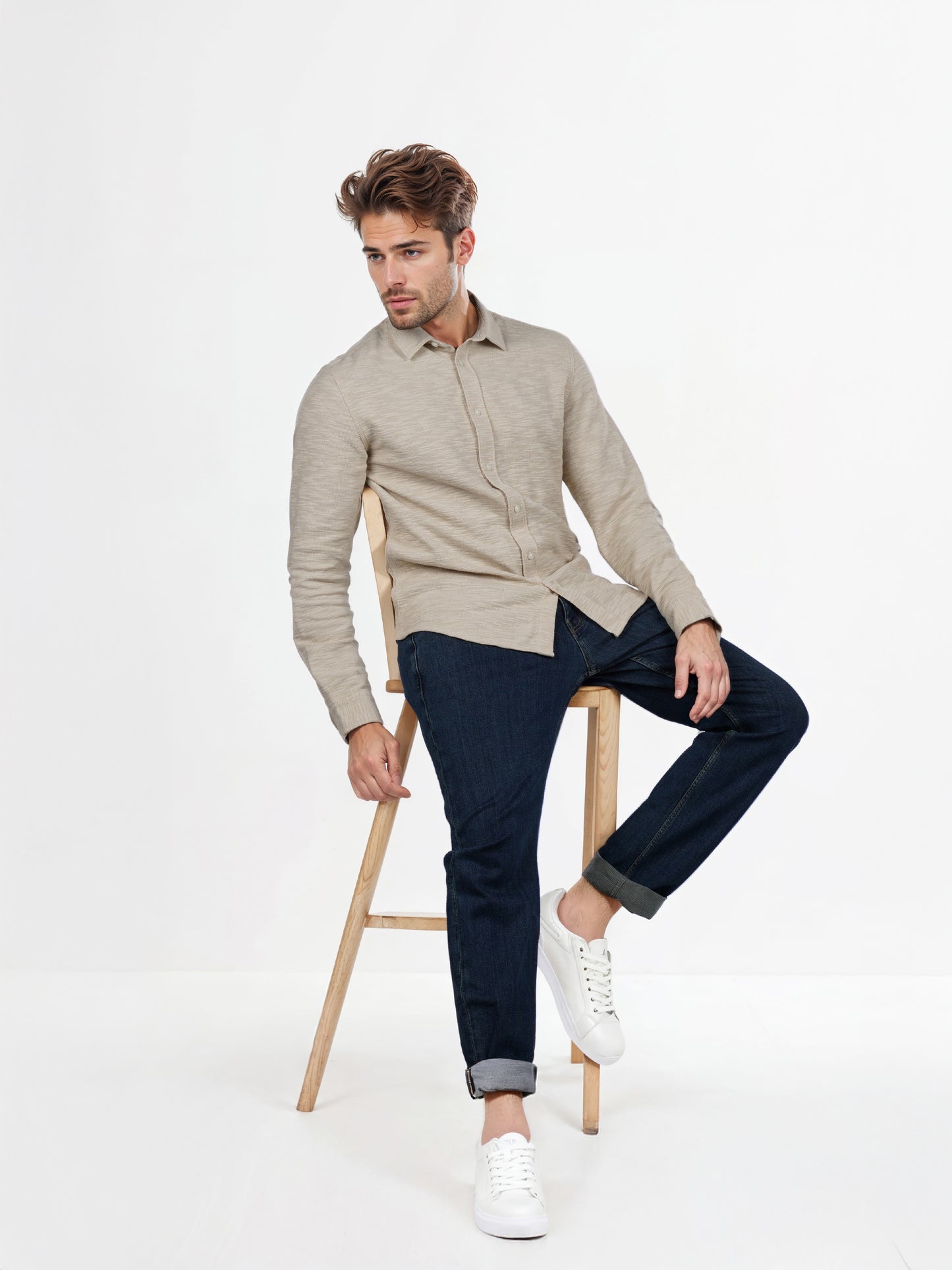 Celio* Solid Regular Fit Poly-Cotton Beige Shirts