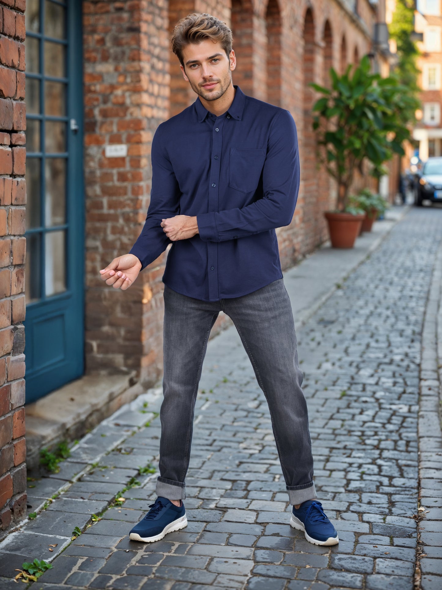 Celio* Solid Regular Fit Cotton-Blend Navy Blue Shirt