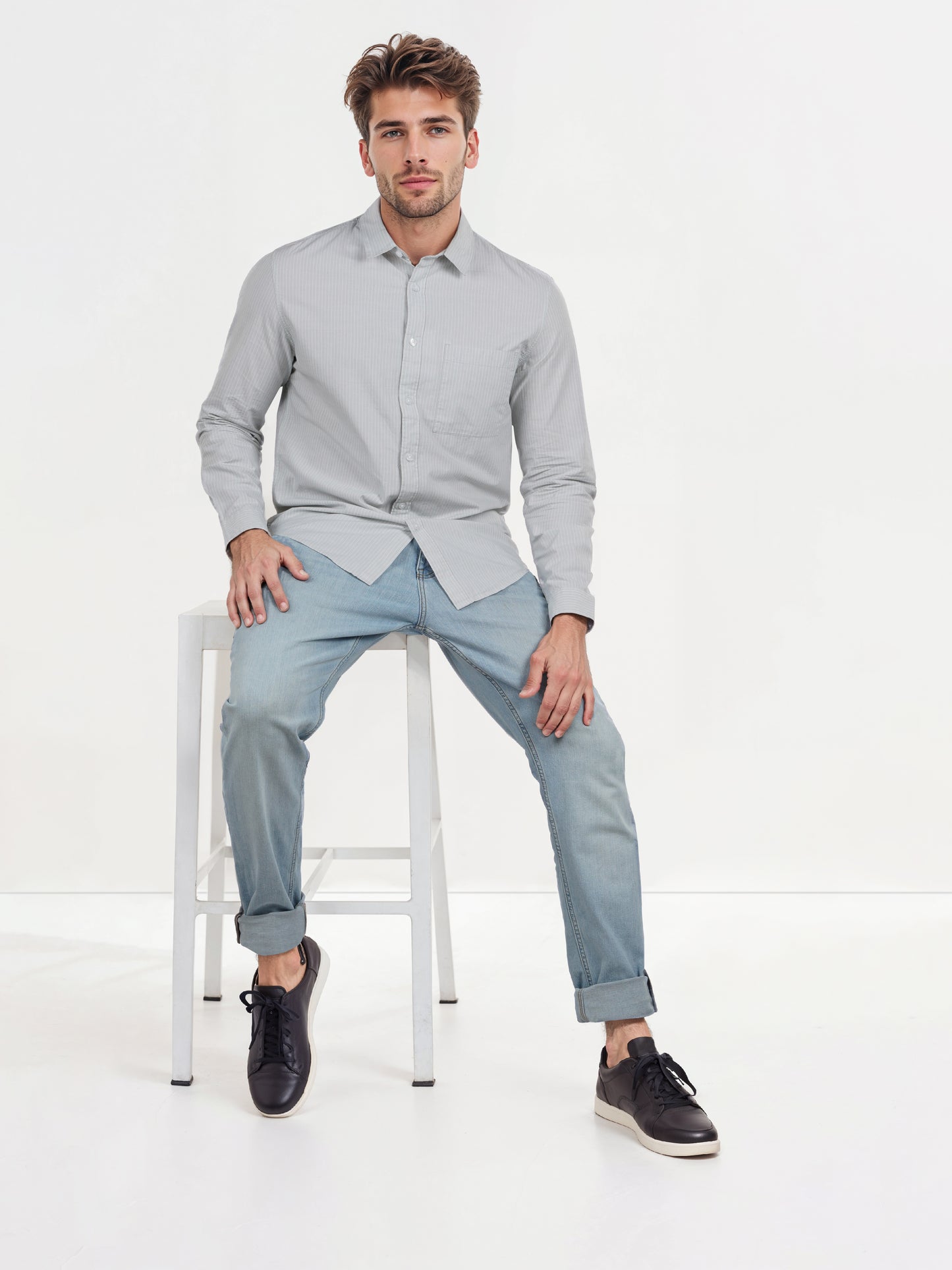 Celio* Striped Regular Fit Cotton Green Shirt