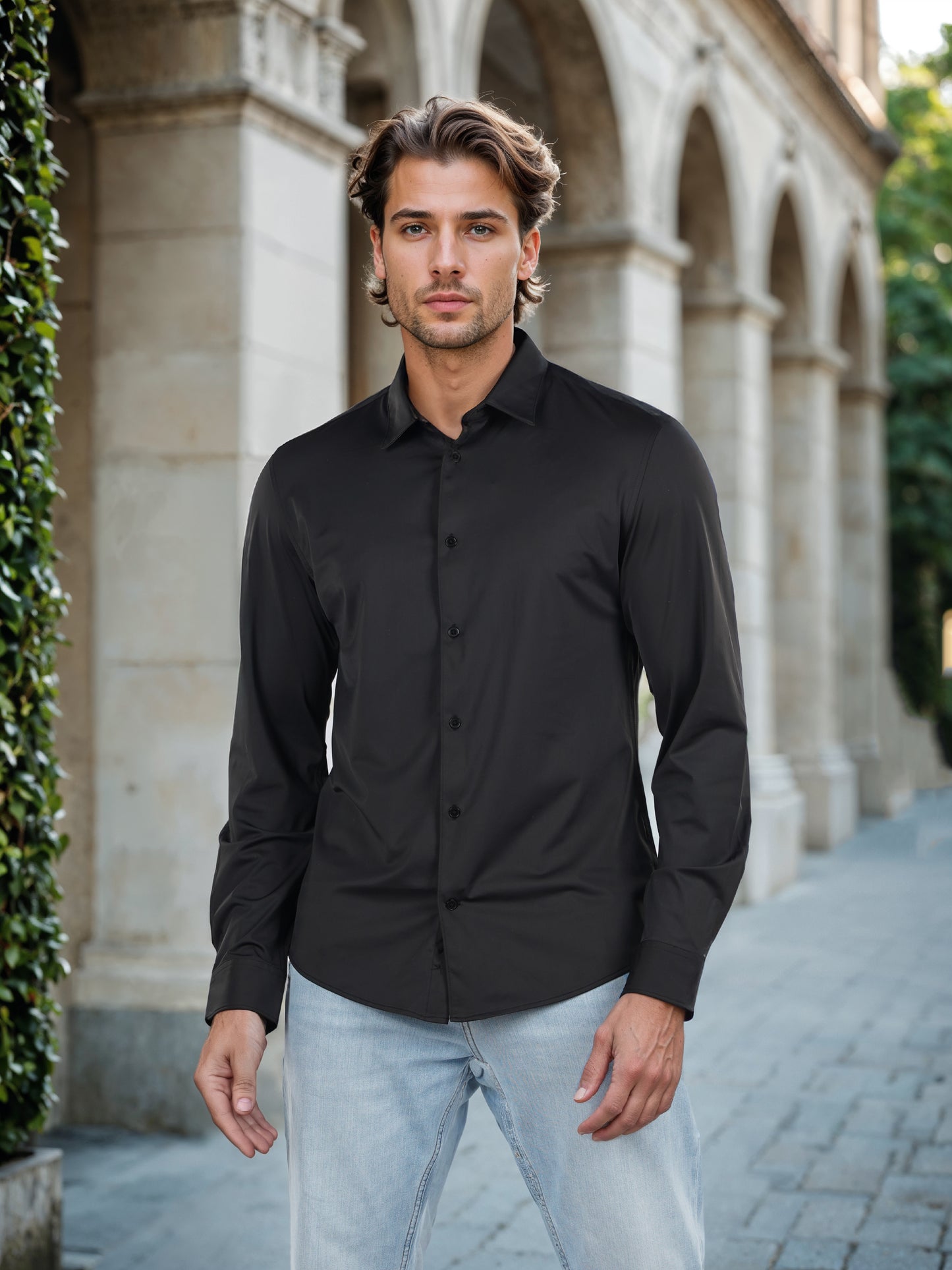 Celio* Solid Slim Fit Polyester-Blend Black Shirts
