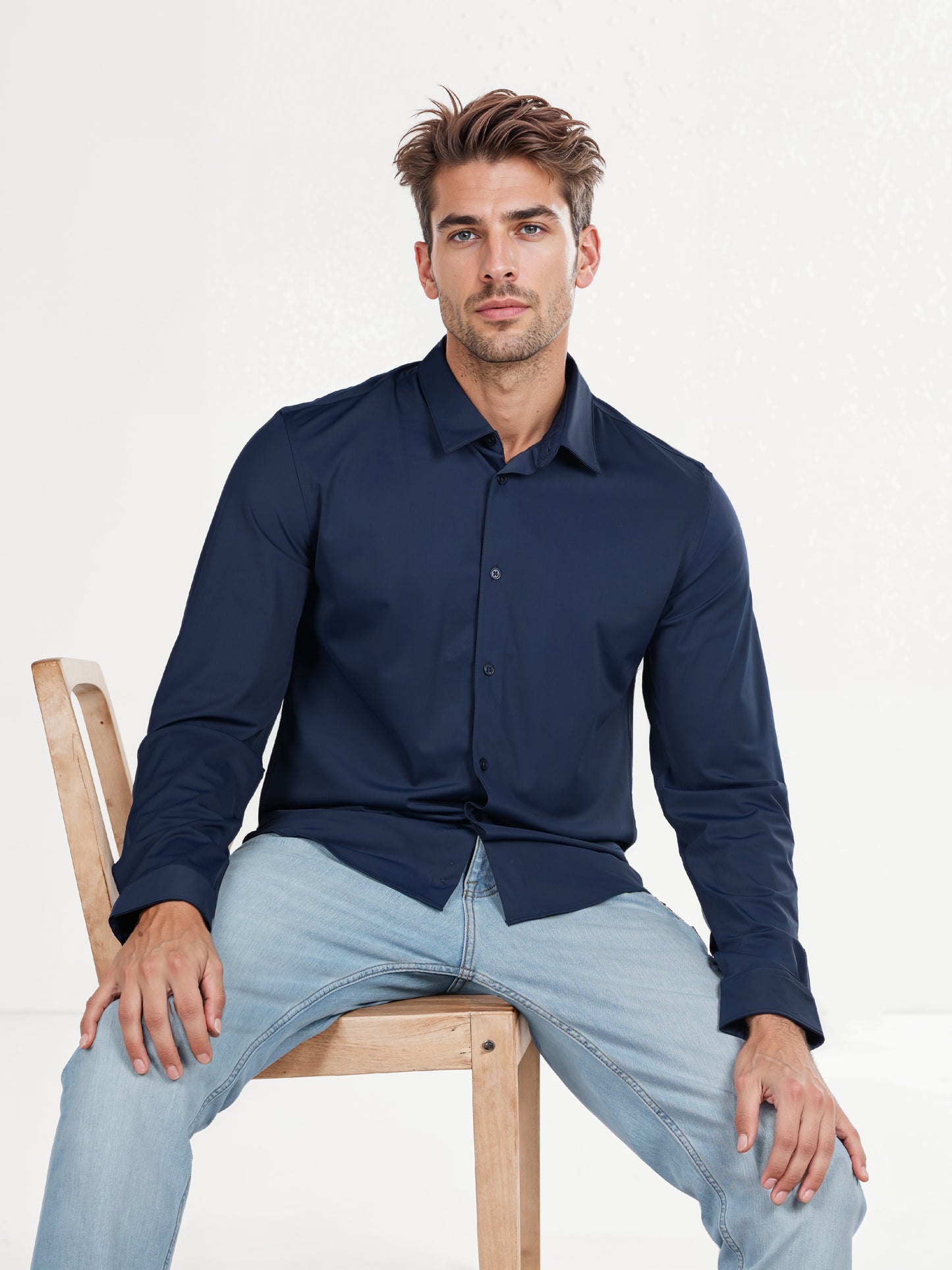 Celio* Solid Slim Fit Polyester-Blend Navy Blue Shirts