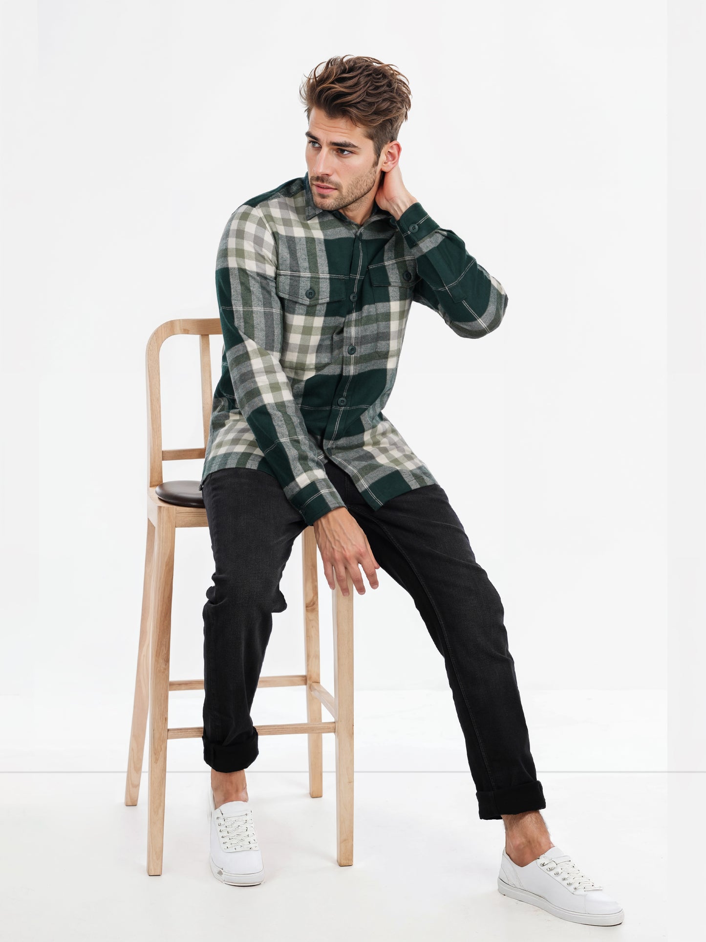 Celio* Checked Loose Fit Cotton Green Shirt