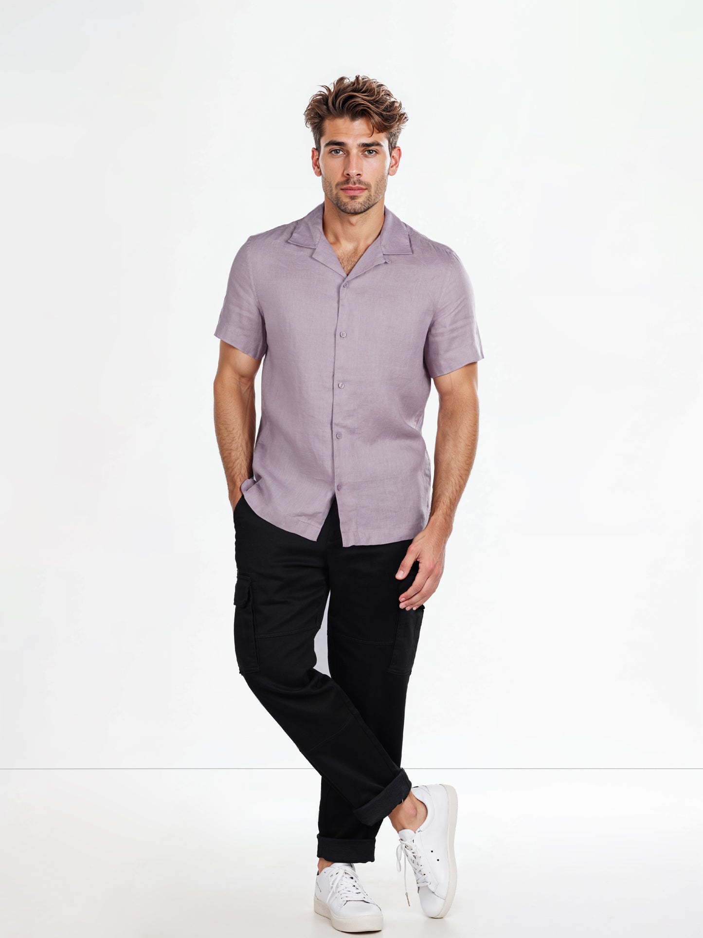 Celio* Solid Regular Fit Linen Purple Shirt