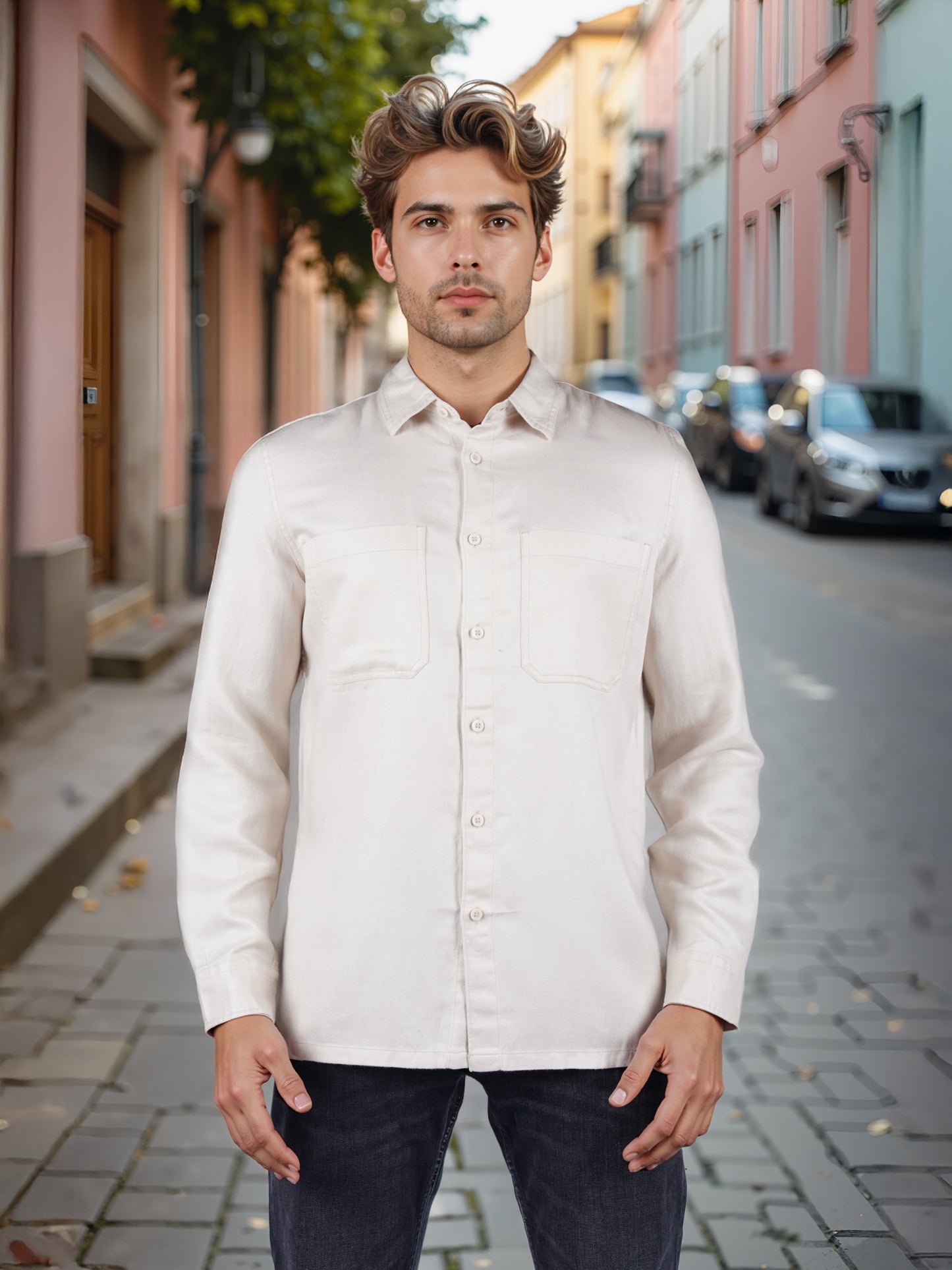 Celio* Solid Overshirt Linen-Blend Beige Shirt