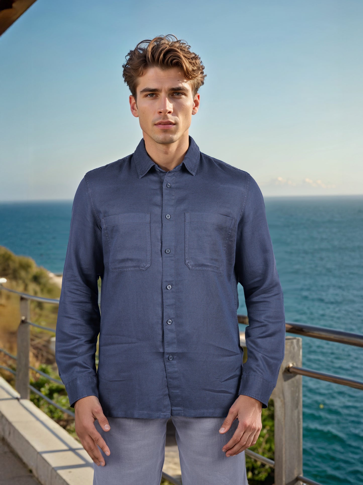 Celio* Solid Overshirt Linen-Blend Navy Blue Shirt