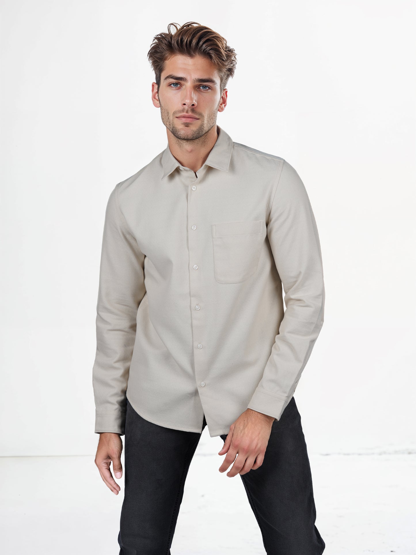 Celio* Solid Regular Fit Viscose-Blend Beige Shirts