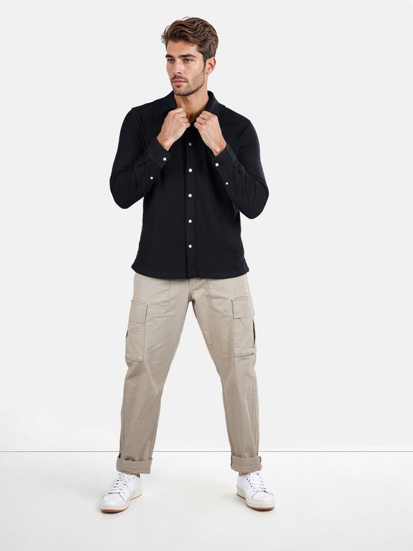 Celio* Solid Regular Fit Poly-Cotton Black Shirt