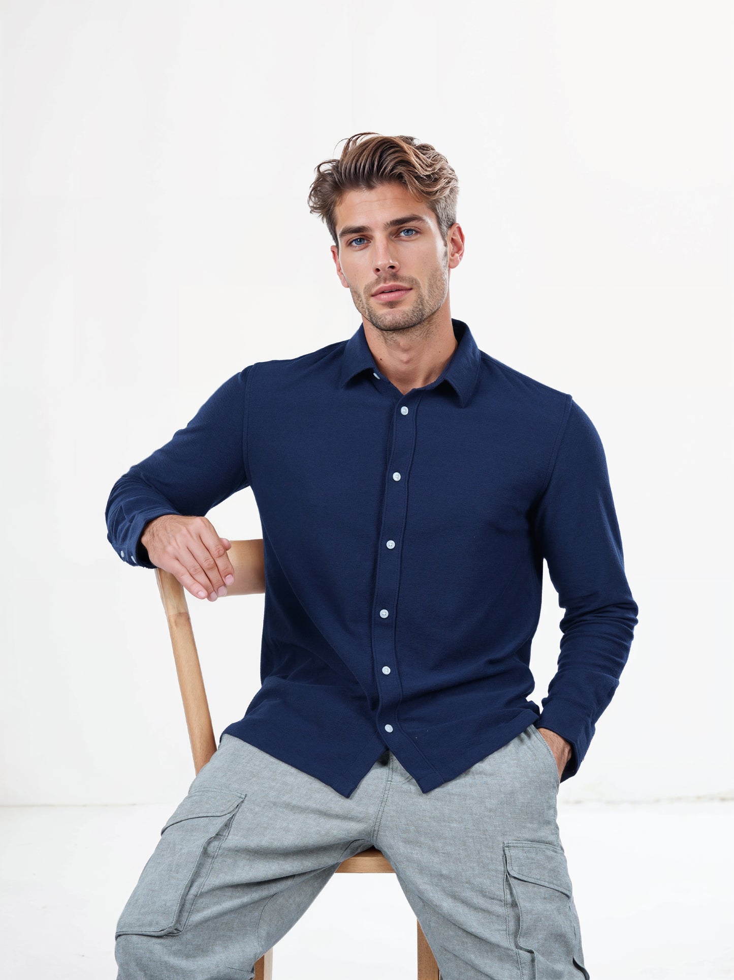 Celio* Solid Regular Fit Poly-Cotton Navy Blue Shirts