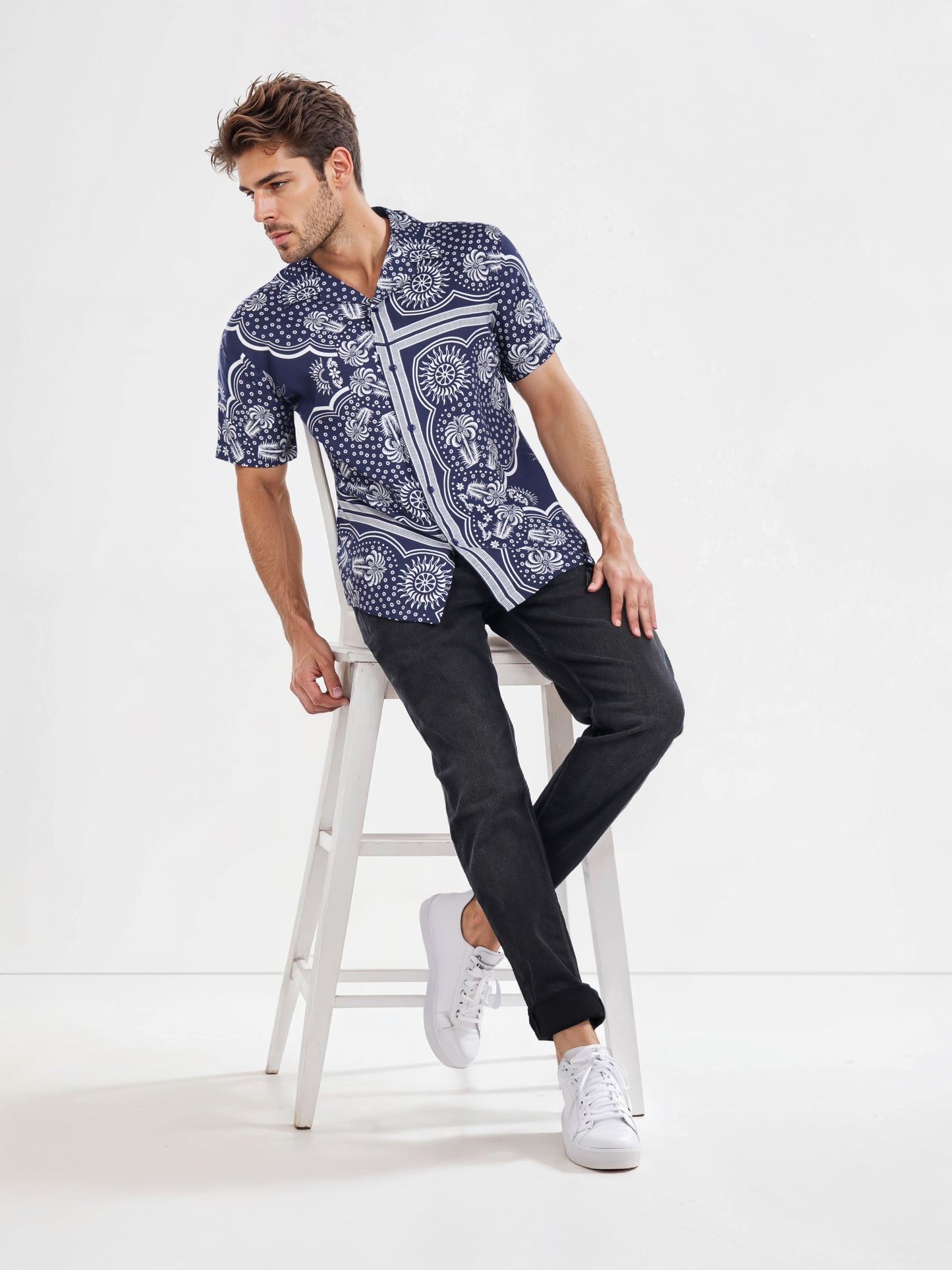 Celio* Printed Regular Fit Viscose Blue Shirt