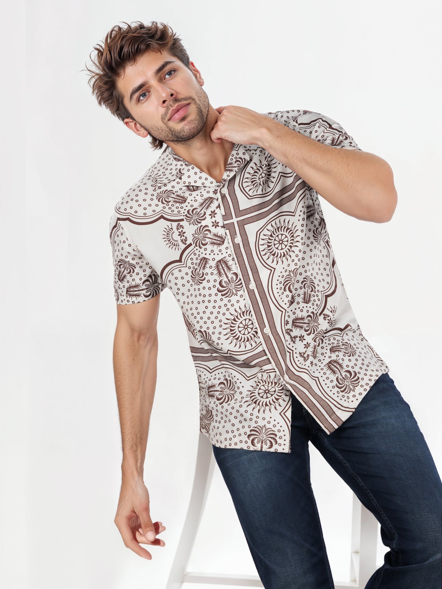 Celio* Printed Regular Fit Viscose Off White Shirt