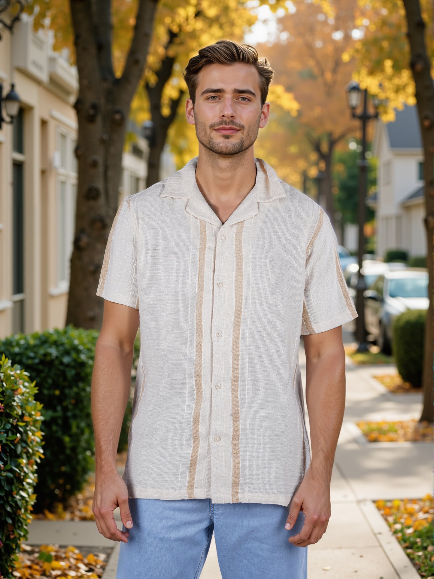 Celio* Striped Regular Fit Viscose-Blend Beige Shirt