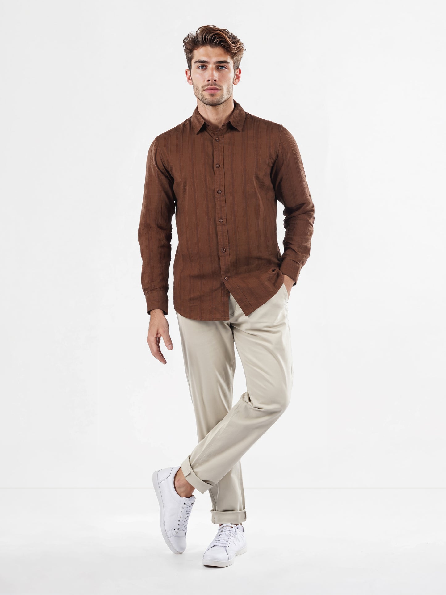 Celio* Striped Regular Fit Cotton Brown Shirts