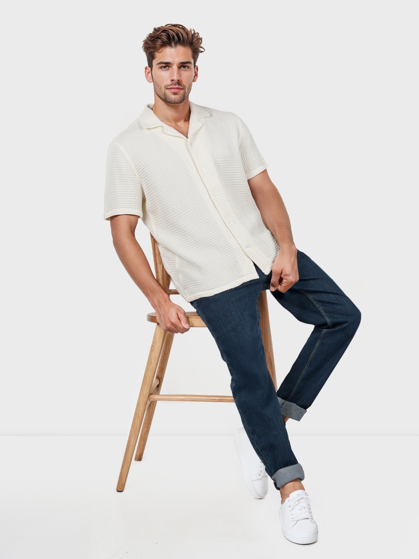 Celio* Embroidered Regular Fit Cotton Off-White Shirt