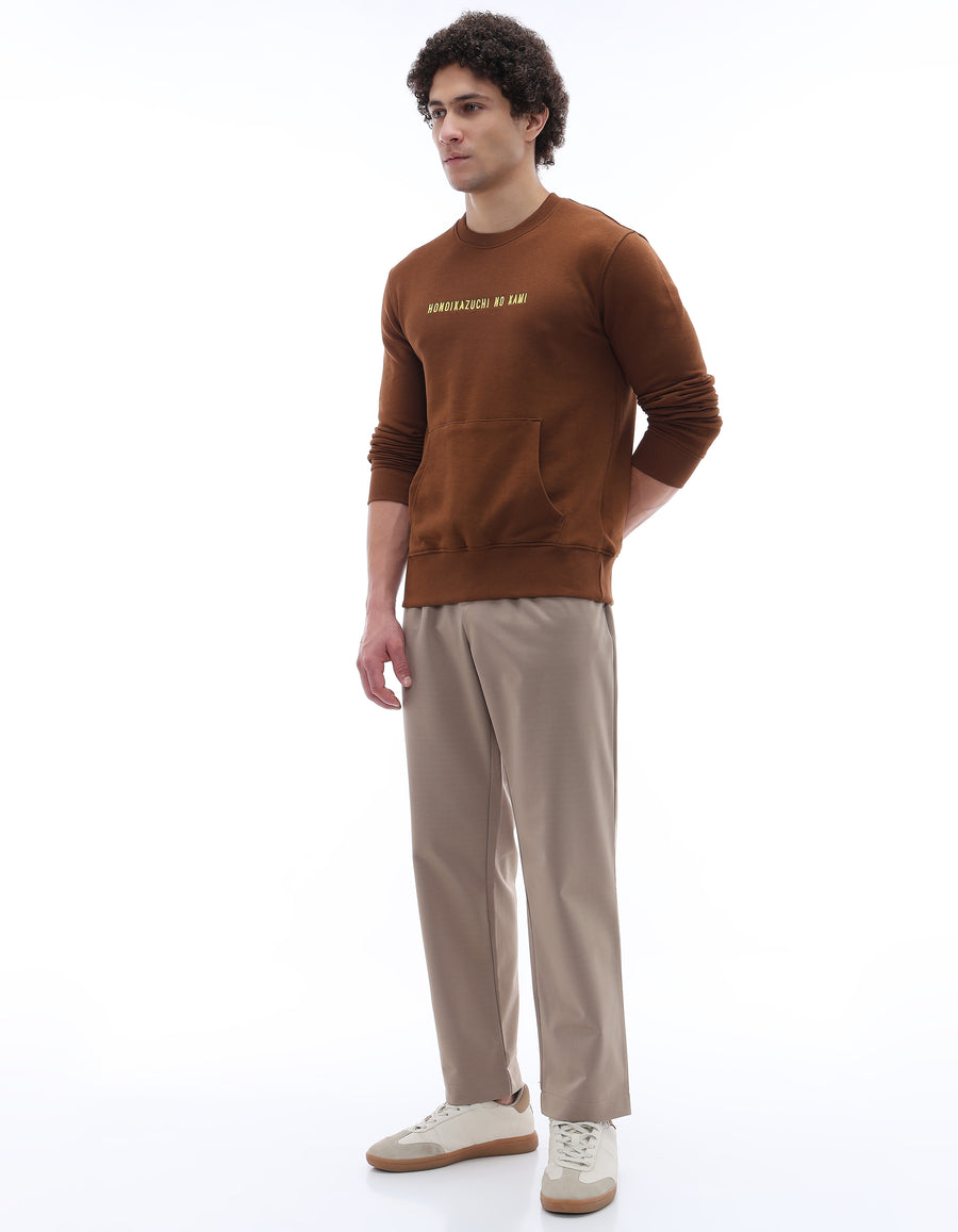 Regular Fit Cotton Blend Printed Crew Neck Sweatshirt - Brown