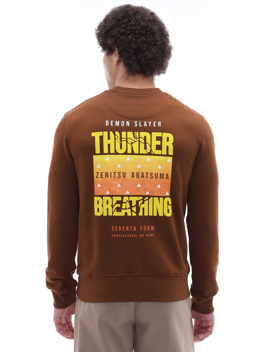 Regular Fit Cotton Blend Printed Crew Neck Sweatshirt - Brown