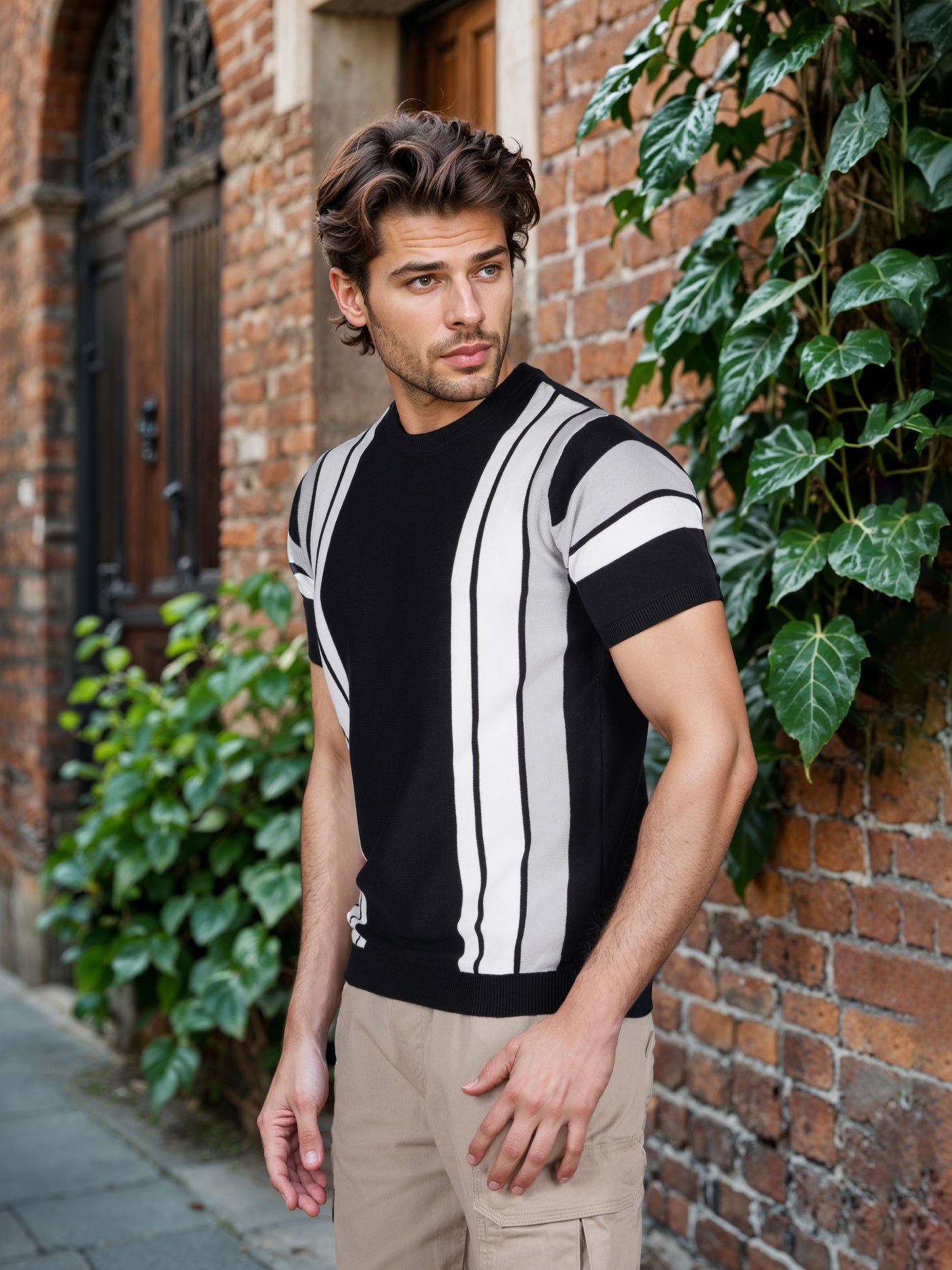 Celio* Striped Regular Fit Cotton Black T-Shirt