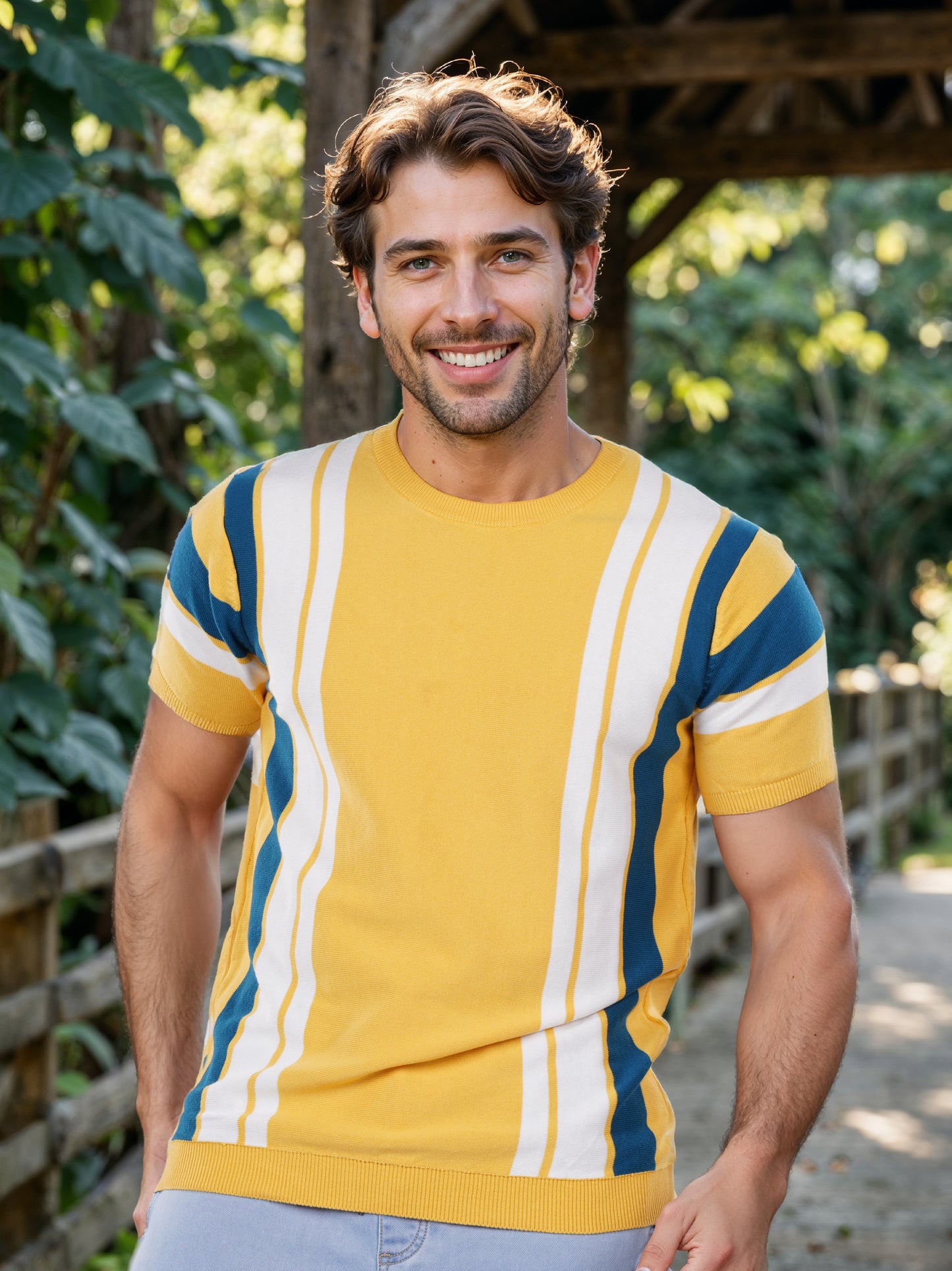 Celio* Striped Regular Fit Cotton Mustard T-Shirt
