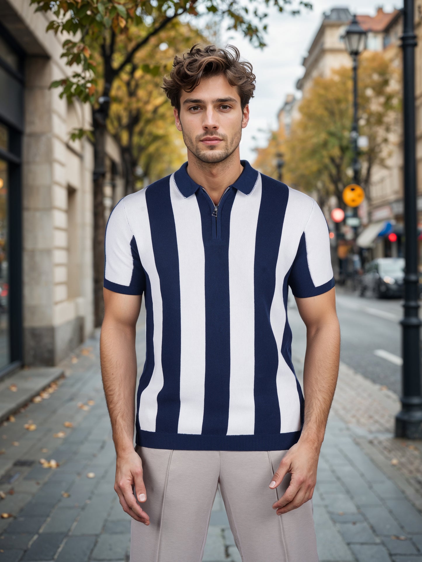 Celio* Striped Regular Fit Cotton Blue T-Shirt