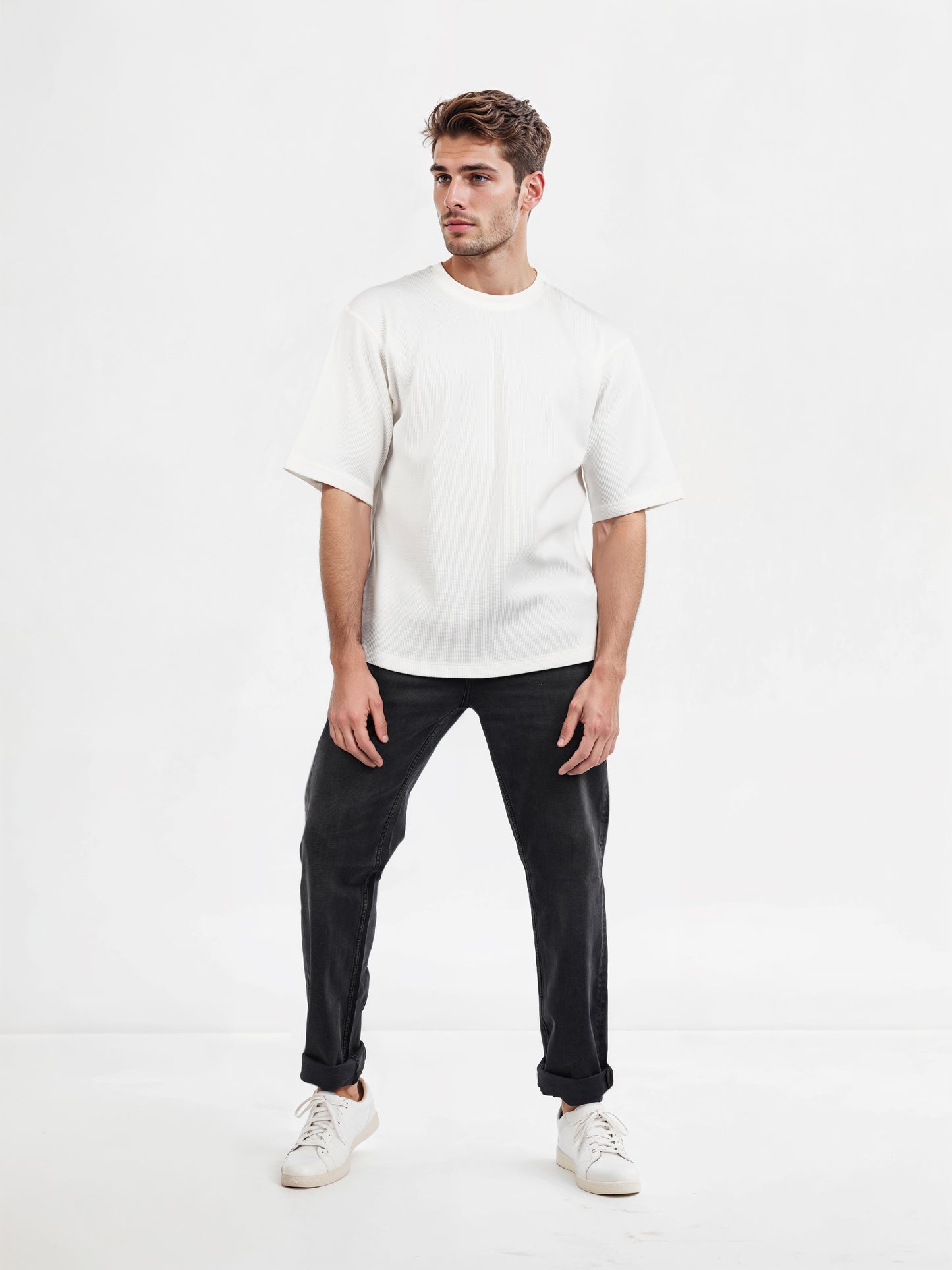 Celio* Solid Oversized Cotton Off White T-Shirts