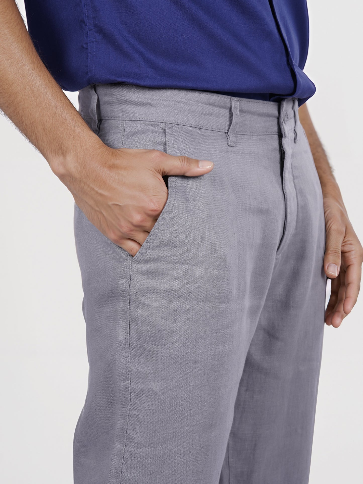 Celio* Linen Straight Fit Grey Casual Trouser