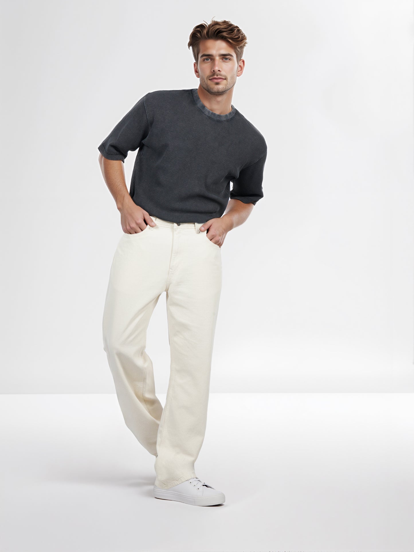 Celio* Men Beige Solid Loose Fit Cotton Jean