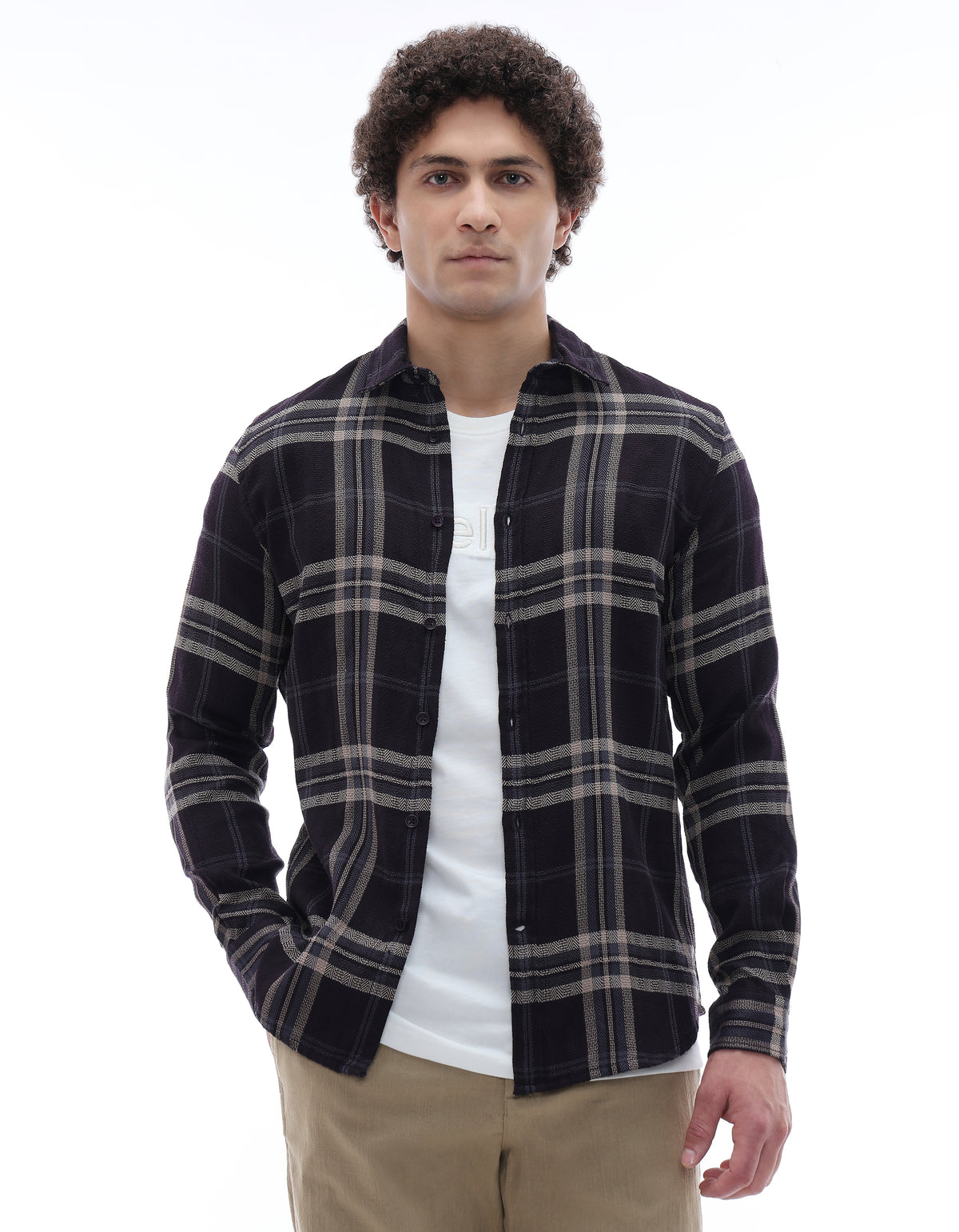 Regular Fit Cotton Blend Checked Spread Collar Shirt - Purple