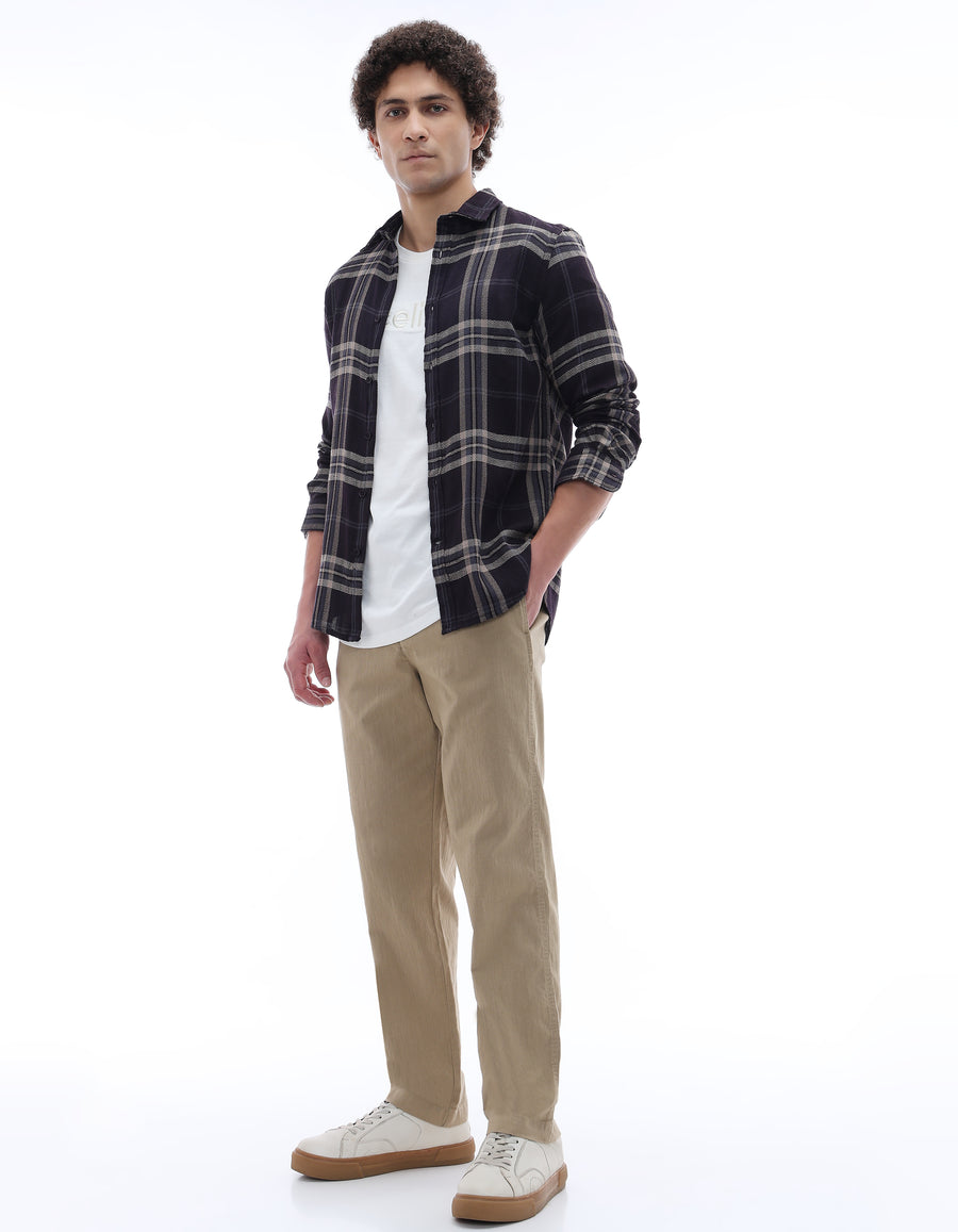 Regular Fit Cotton Blend Checked Spread Collar Shirt - Purple