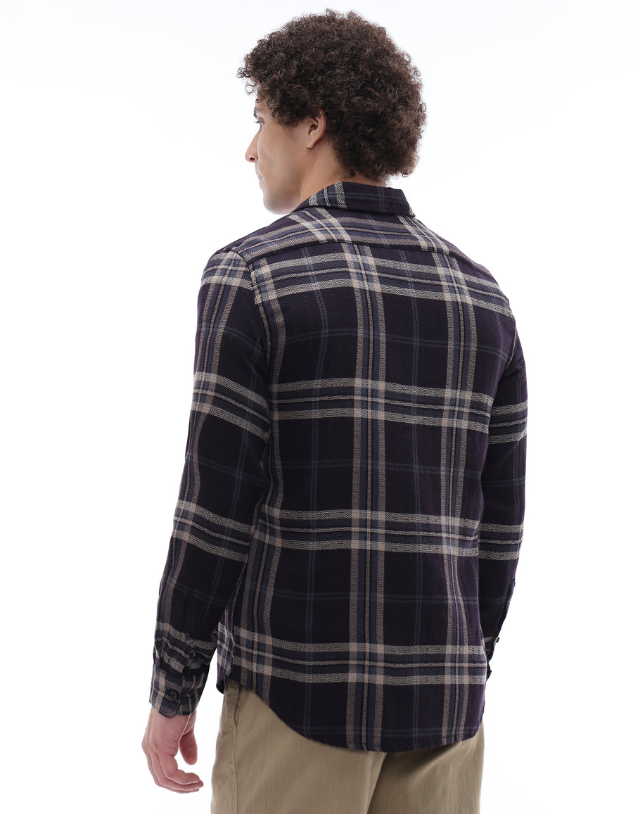 Regular Fit Cotton Blend Checked Spread Collar Shirt - Purple