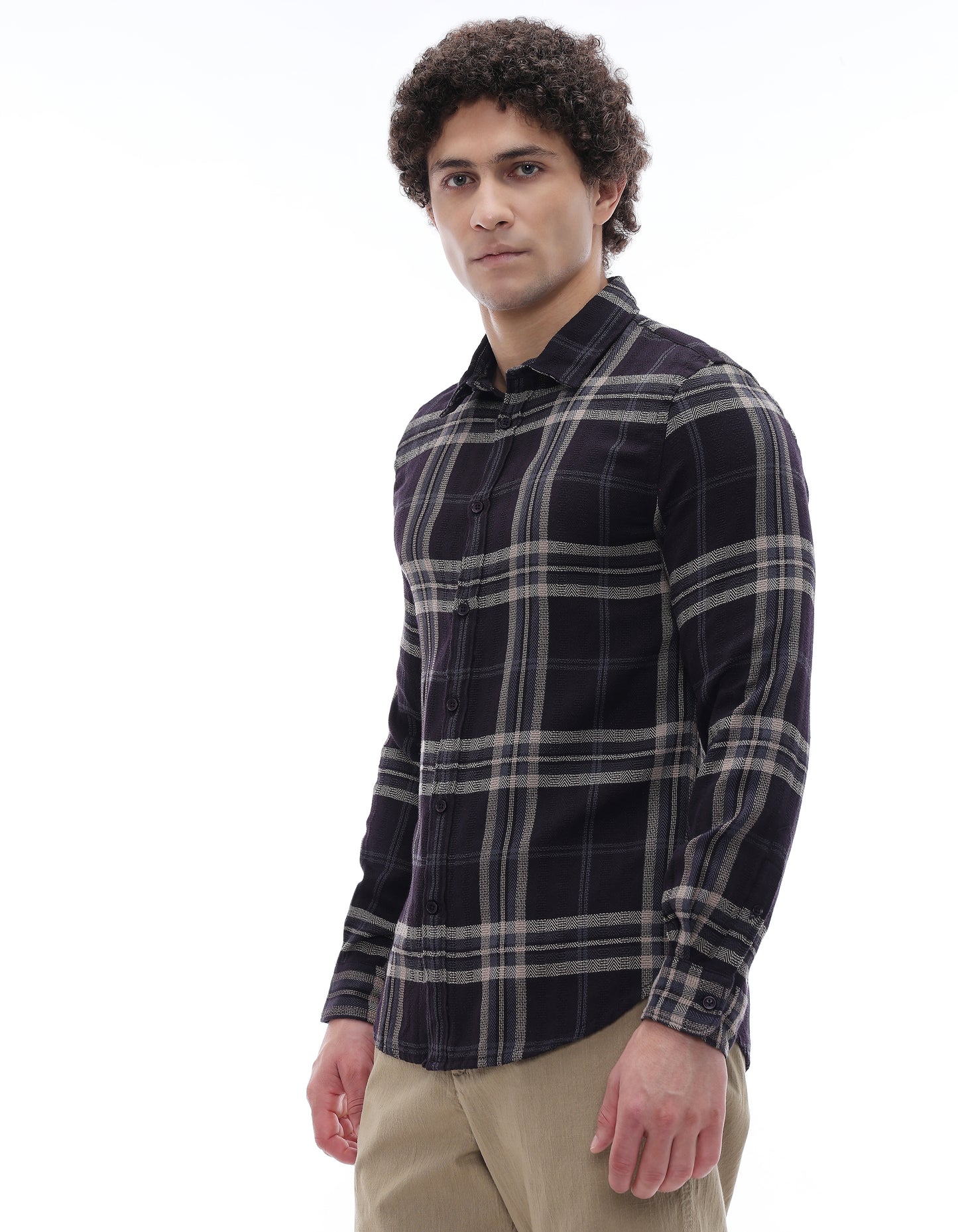Regular Fit Cotton Blend Checked Spread Collar Shirt - Purple