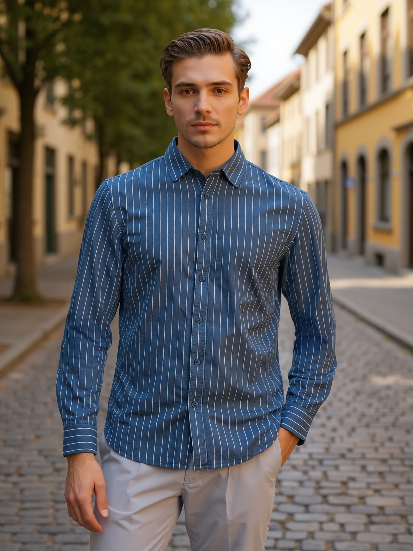 Celio* Men Blue Striped Regular Fit Cotton Shirts
