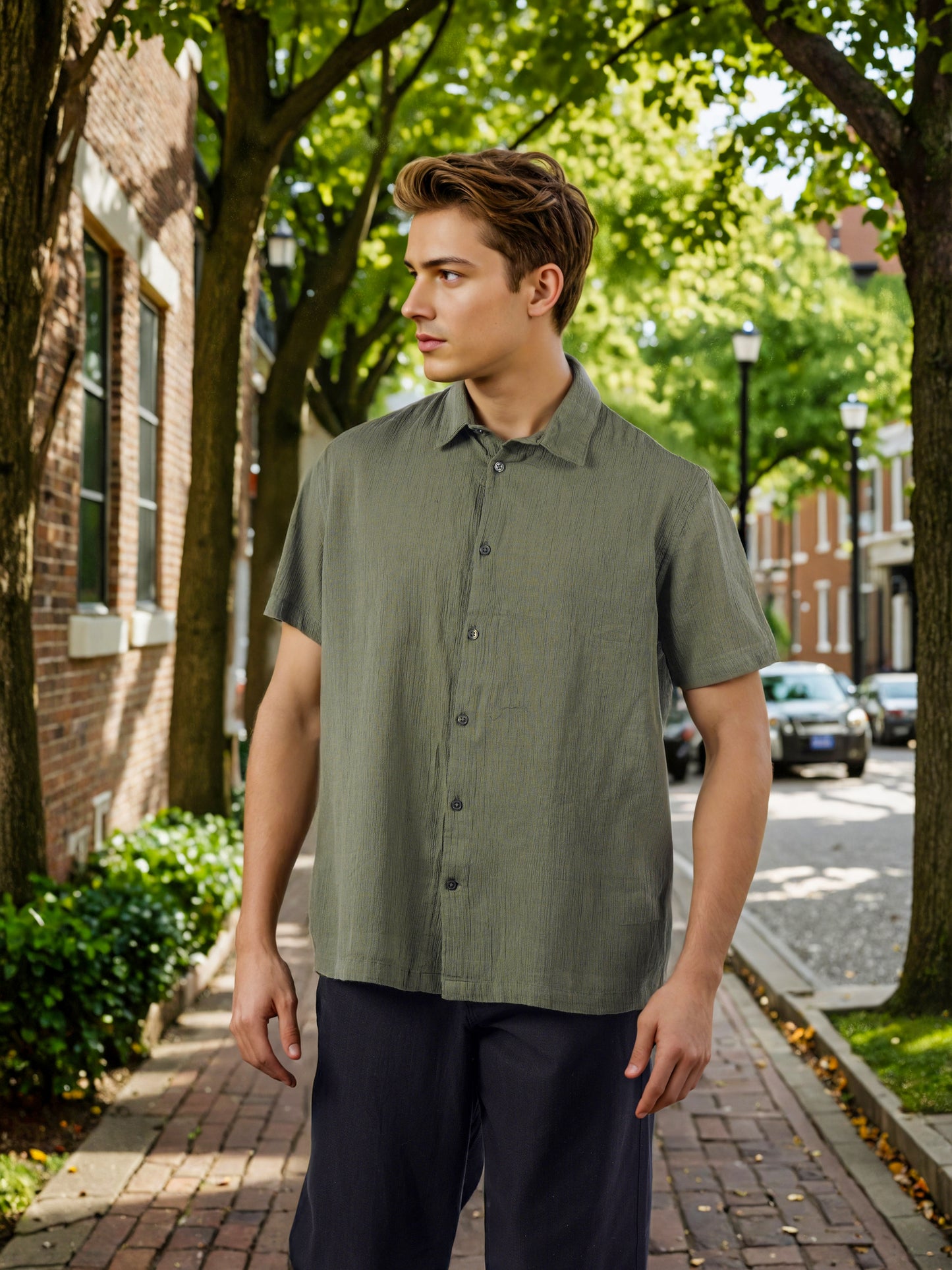 Celio* Men Olive Solid Regular Fit Cotton Shirts