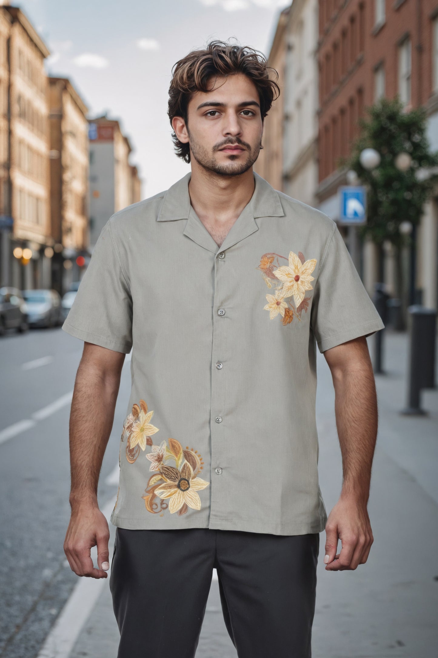 Celio* Men Olive Embroidered Boxy Fit Cotton-Viscose-Blend Shirt