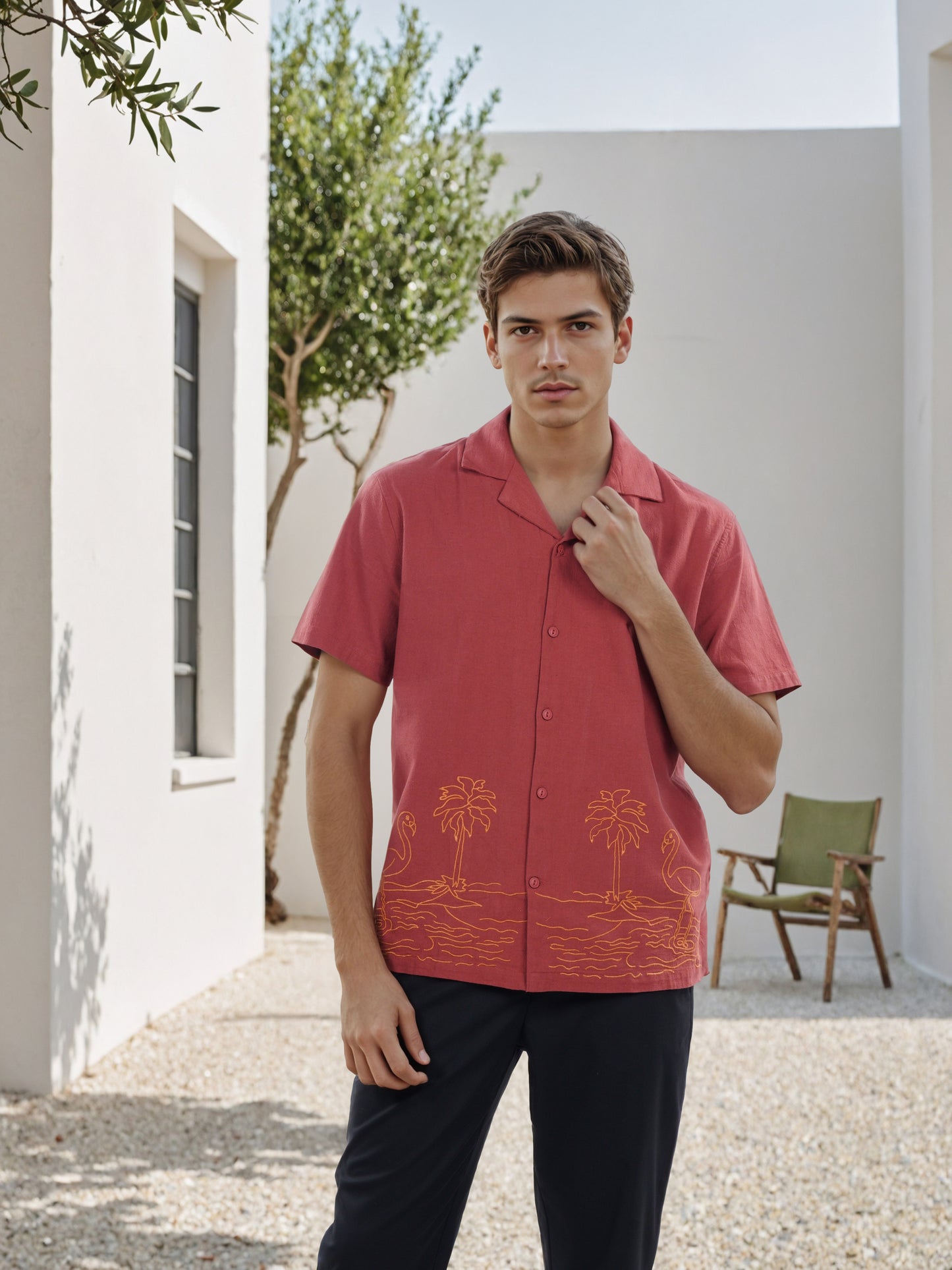 Celio* Men Red Embroidered Boxy Cotton Shirt