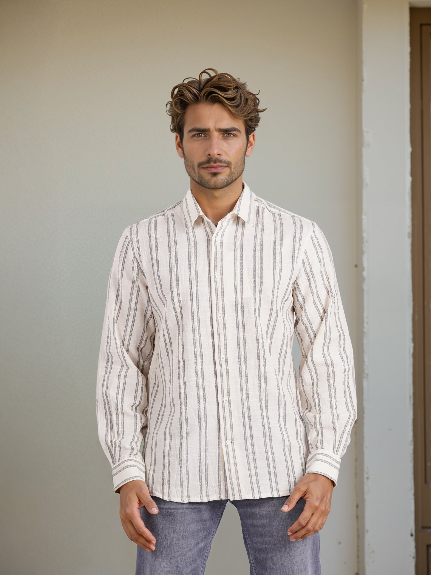 Celio* Men Beige Striped Regular Fit Yarn Dyed Shirt