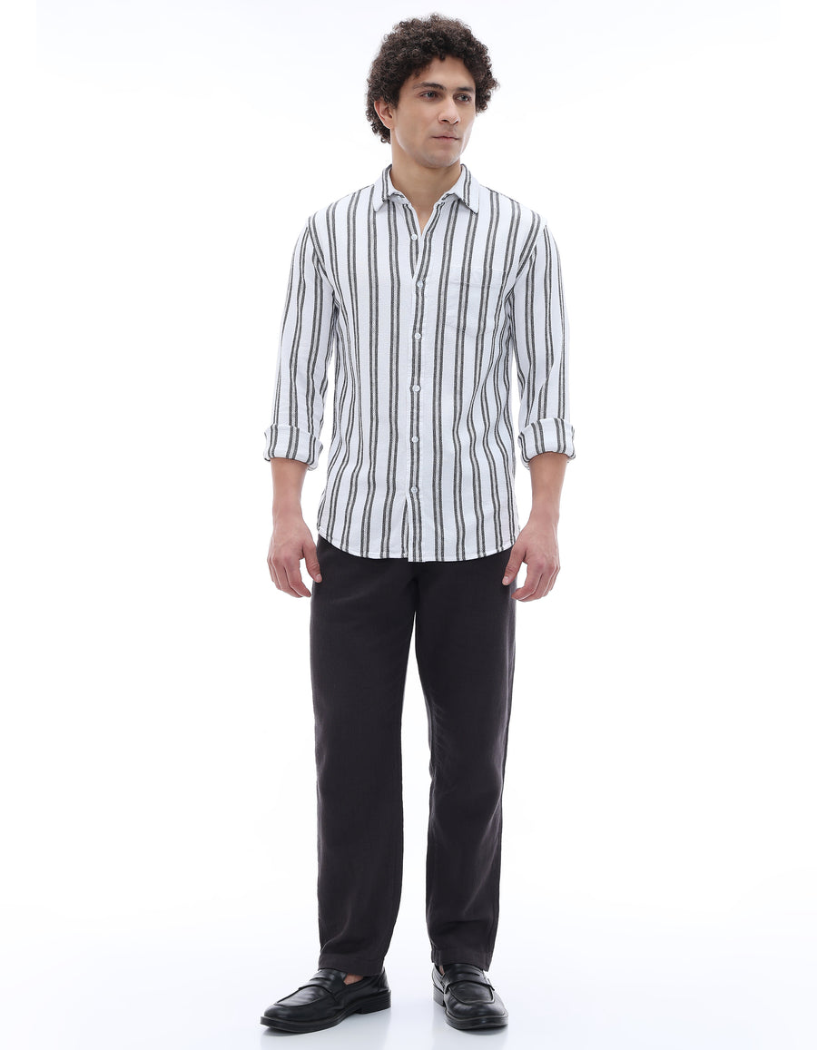 Regular Fit 100% Cotton Striped Spread Collar Shirt - White