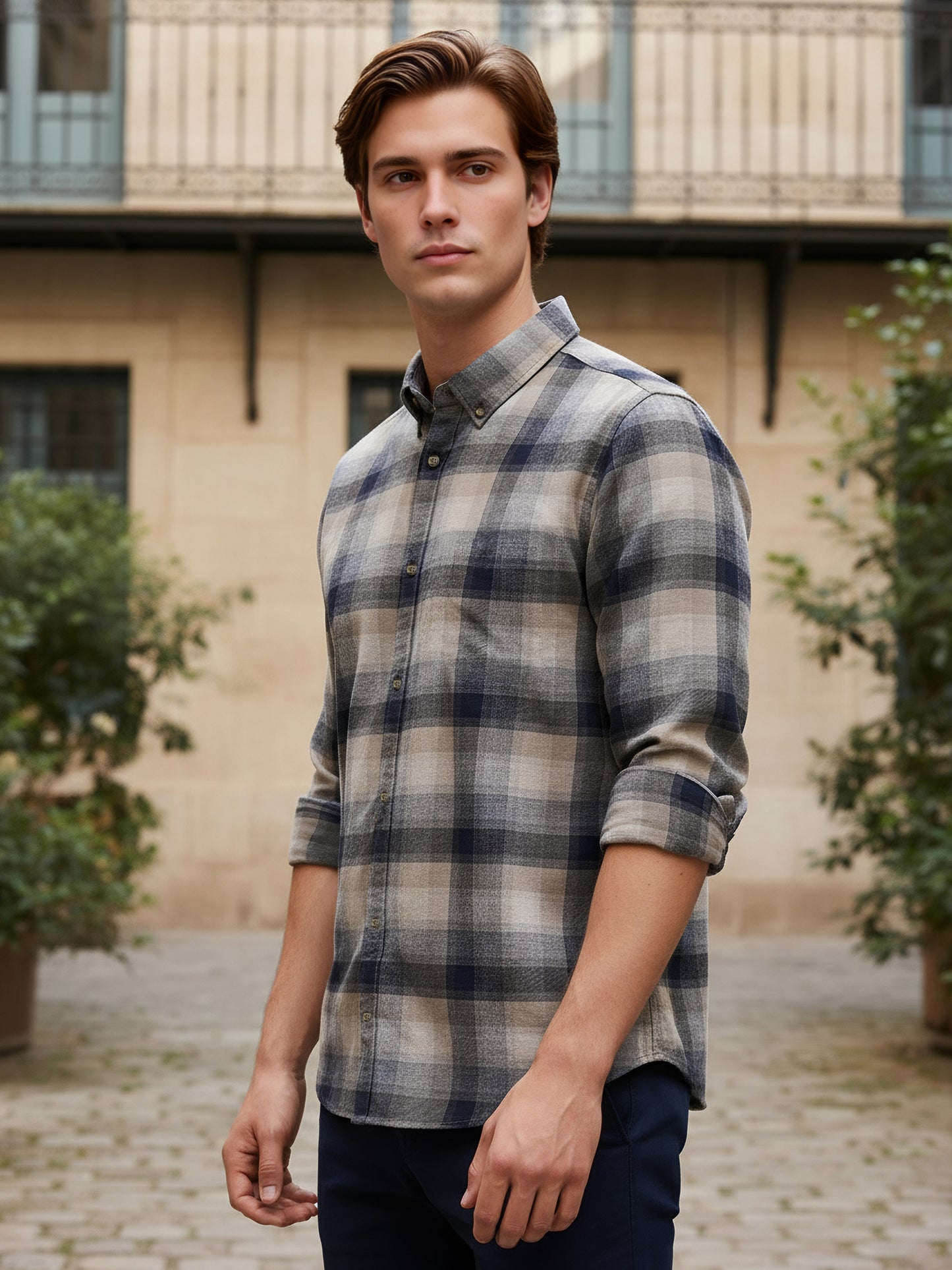 Celio* Men Beige Checked Regular Fit Cotton Shirts