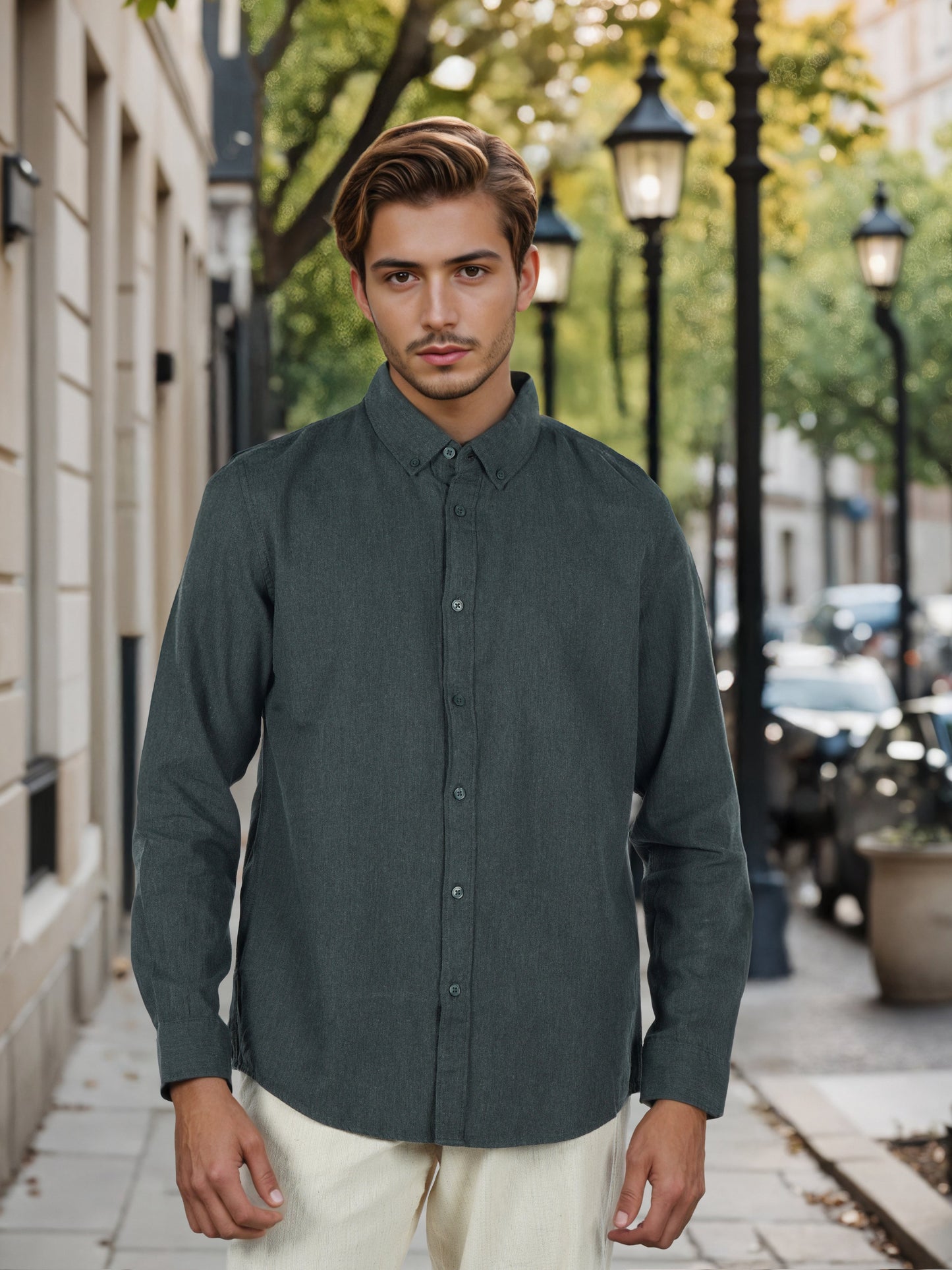 Celio* Men Olive Solid Regular Fit Cotton Shirts