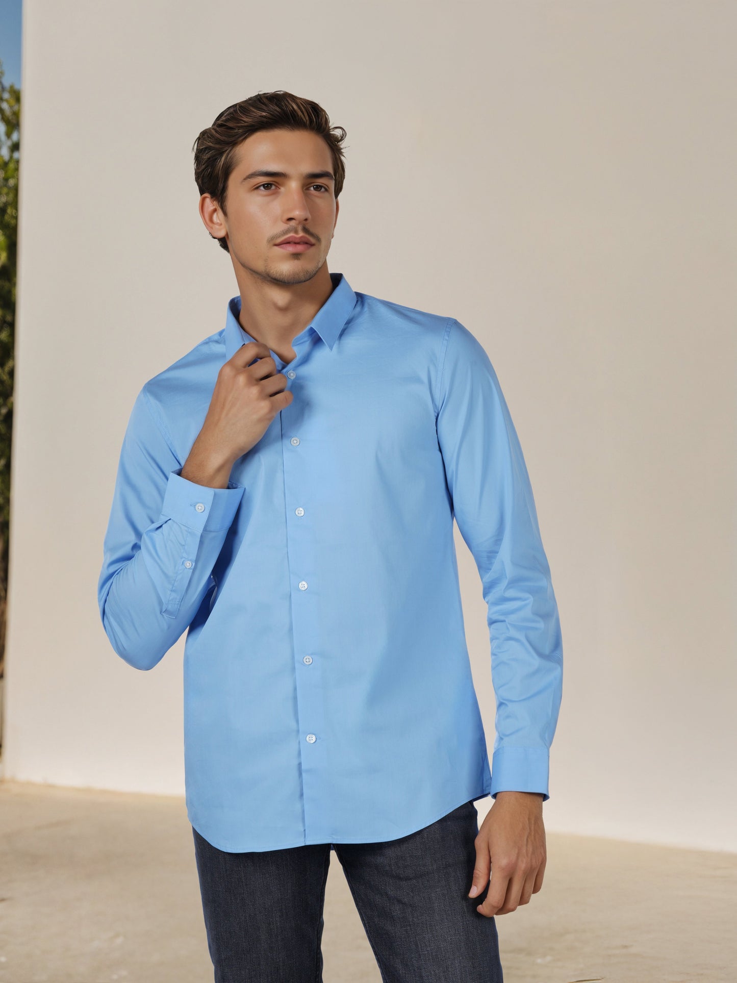 Celio* Men Blue Solid Slim Fit Cotton-Blend Shirts