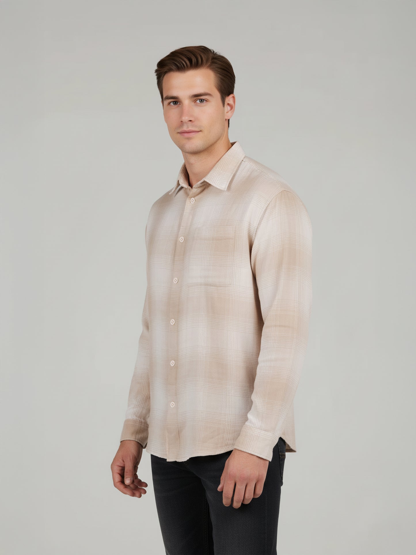 Celio* Men Beige Checked Relaxed Fit Cotton Shirts