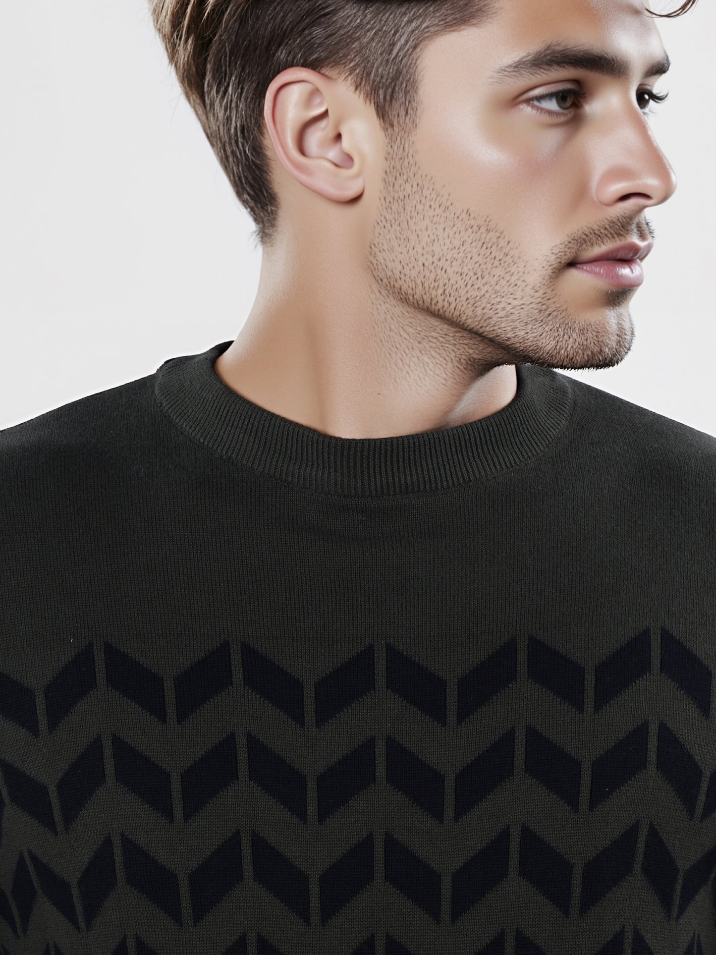 Celio* Men Olive Printed Regular Fit Cotton Sweater